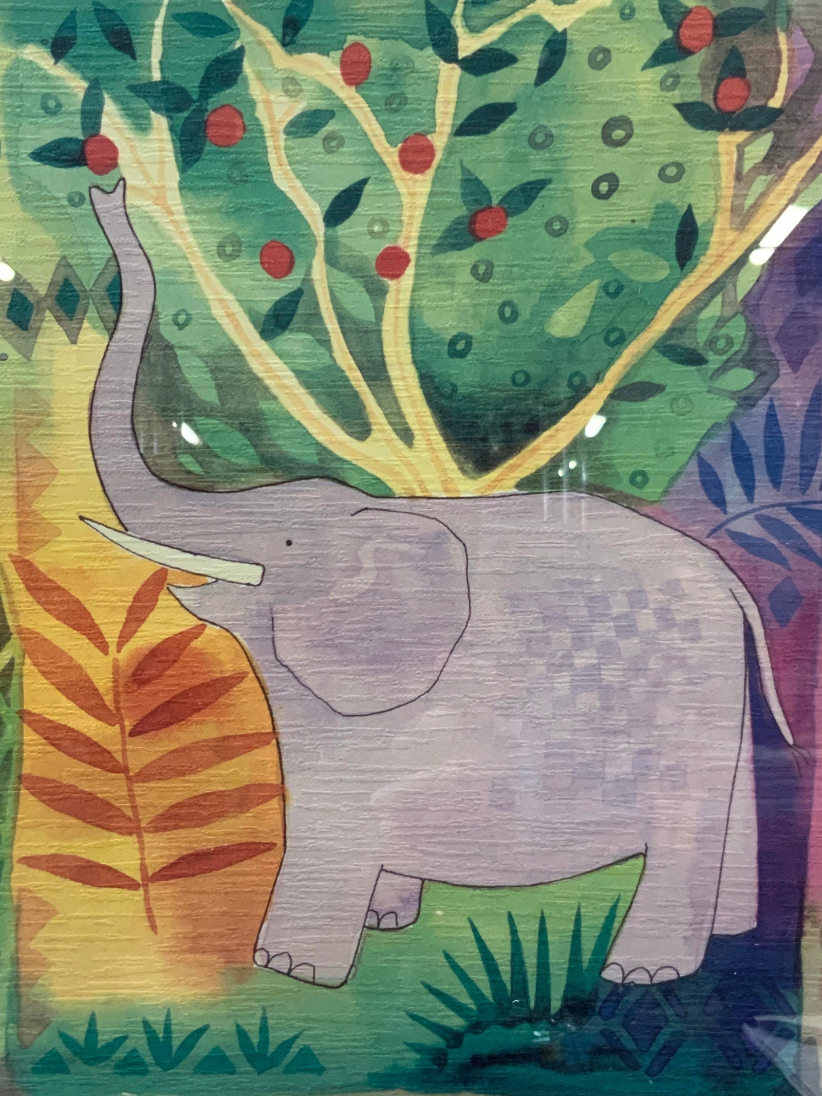 Julia Cairns Sgd Elephant Illustration Litho: Signed on margin, J.Cairn, the elephant, Depicts a purple toned elephant reaching for a red fruit on a tree, framed in black wooden frame with off white matting. Approx 23 x 19 inches window measures 