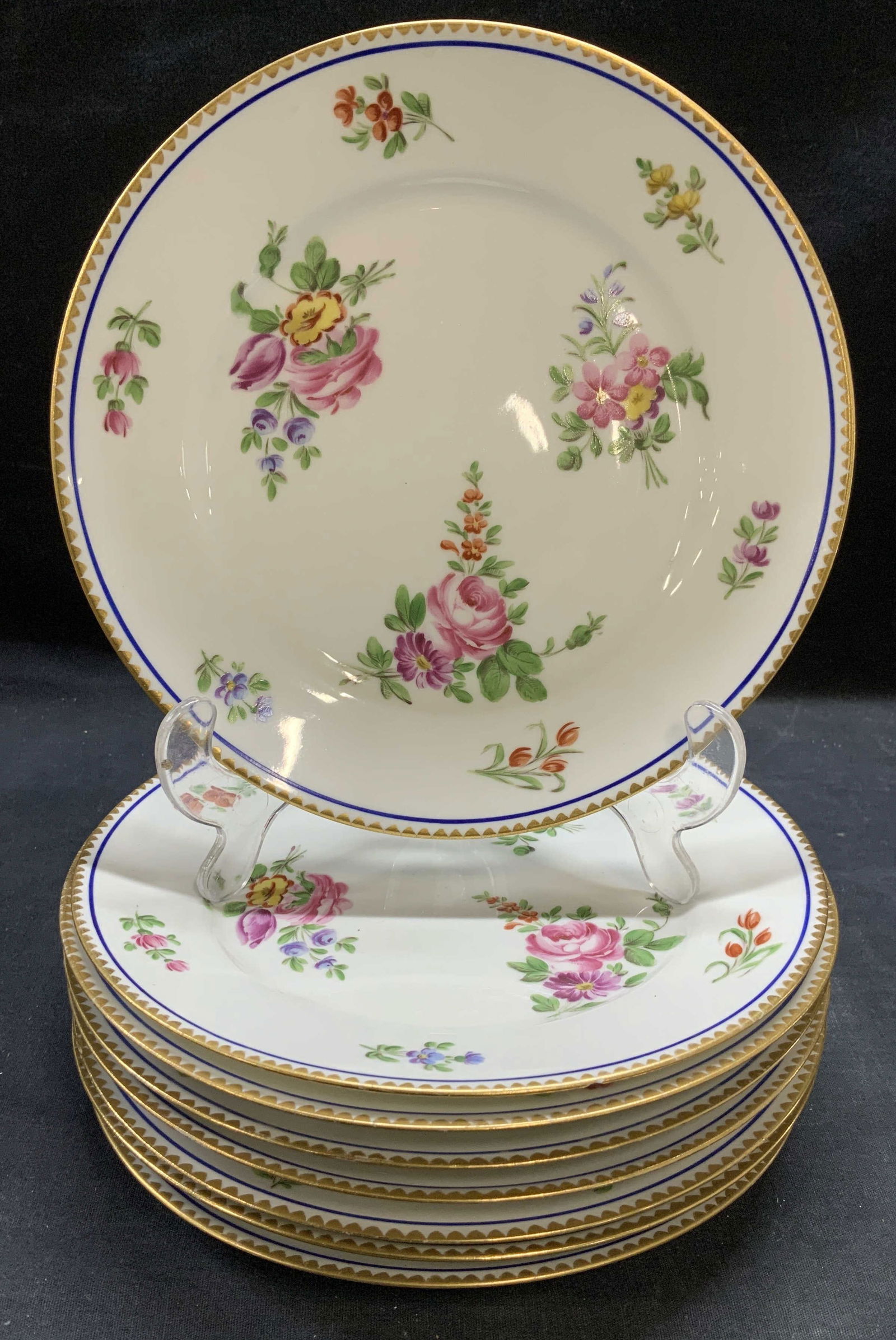 Set 8 Antique SEVRES Porcelain Floral Plates (1 of 6)
