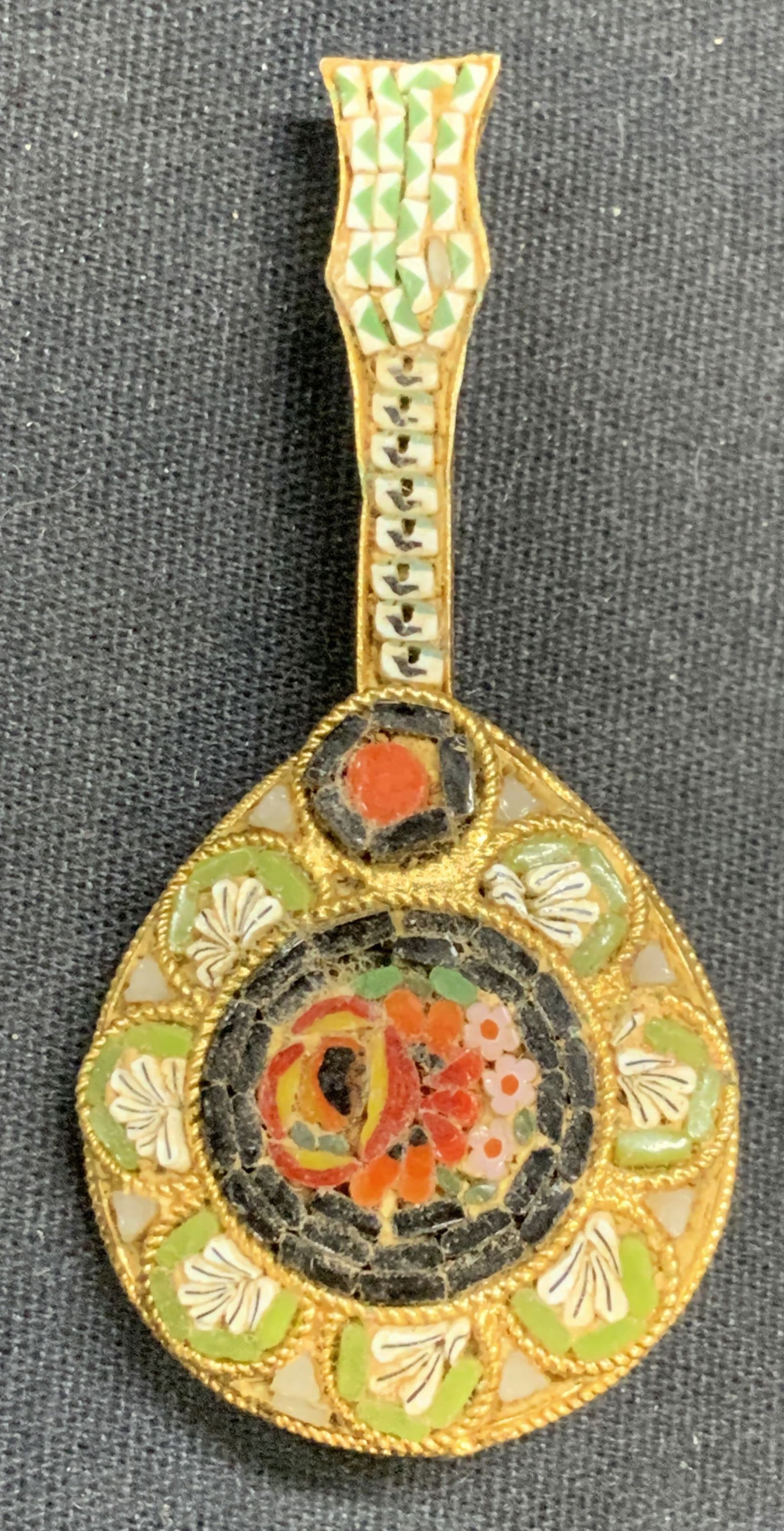 Vtg Gold Tn Pietra Dura Mandolin Brooch, Italy (1 of 6)