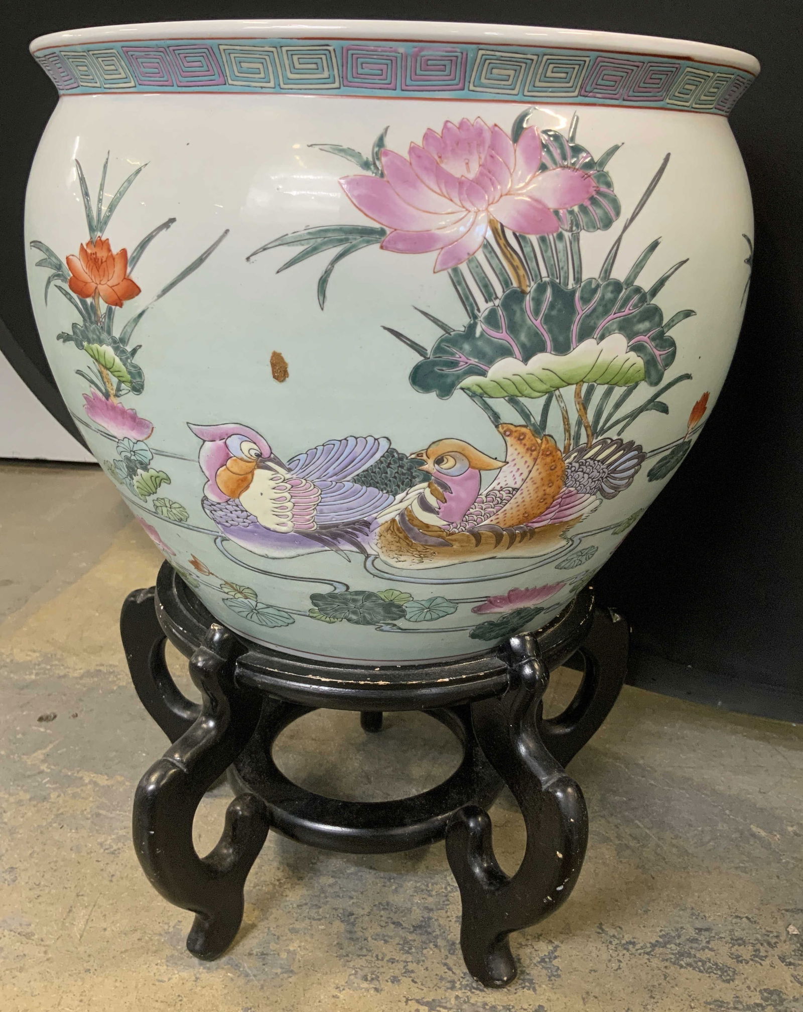 Signed Hand Painted Asian Fishbowl Planter W Stand (1 of 14)