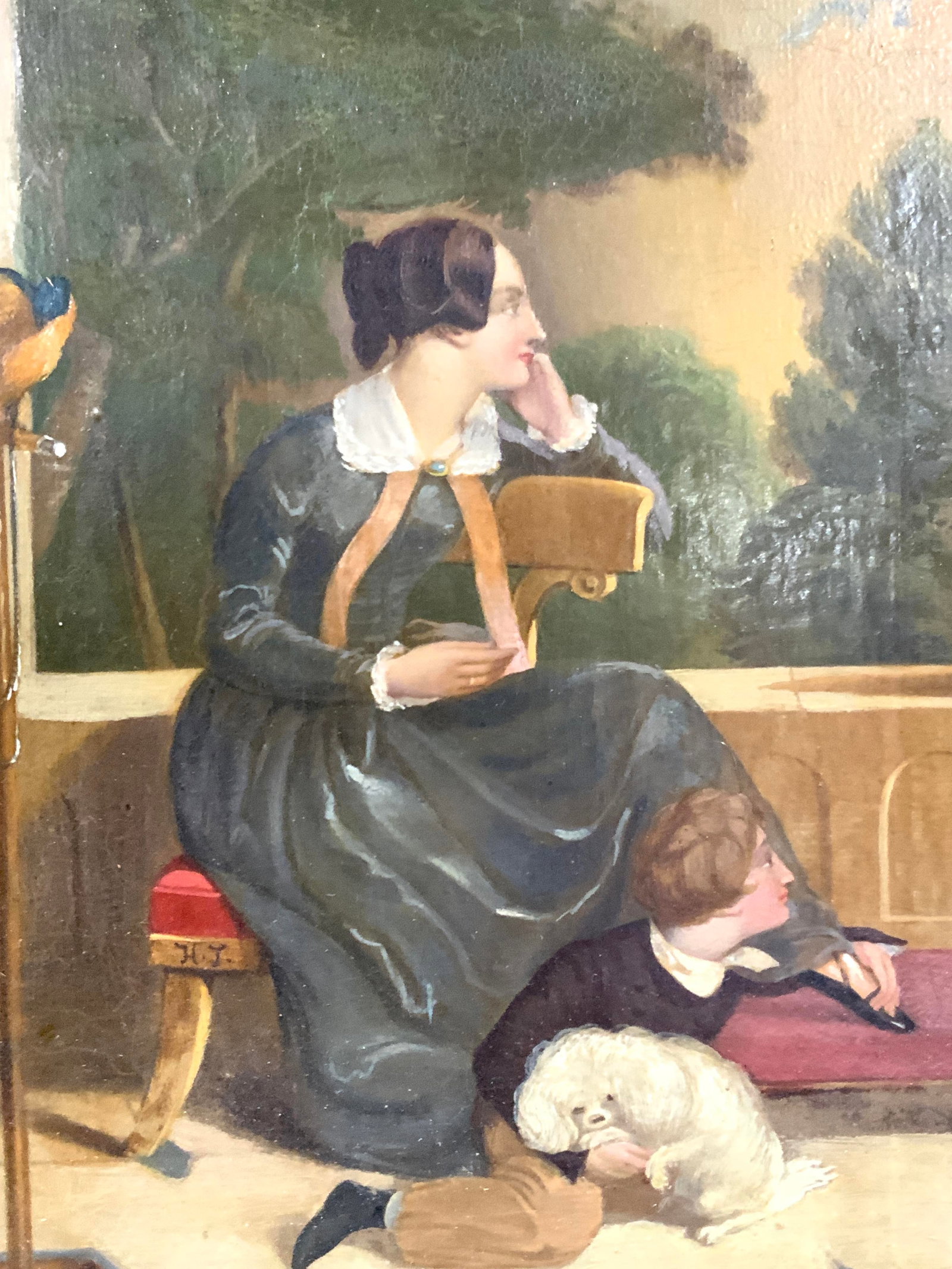 H. LeJeune Antq Mother & Child Oil Painting: Marked on margin of frame, H.LeJeune A.r.a. And marked on backside H.Leejeune, possibly from artist Henry LeJeune Depicts a scene of a mother and a young boy looking out the window, with a white dog a