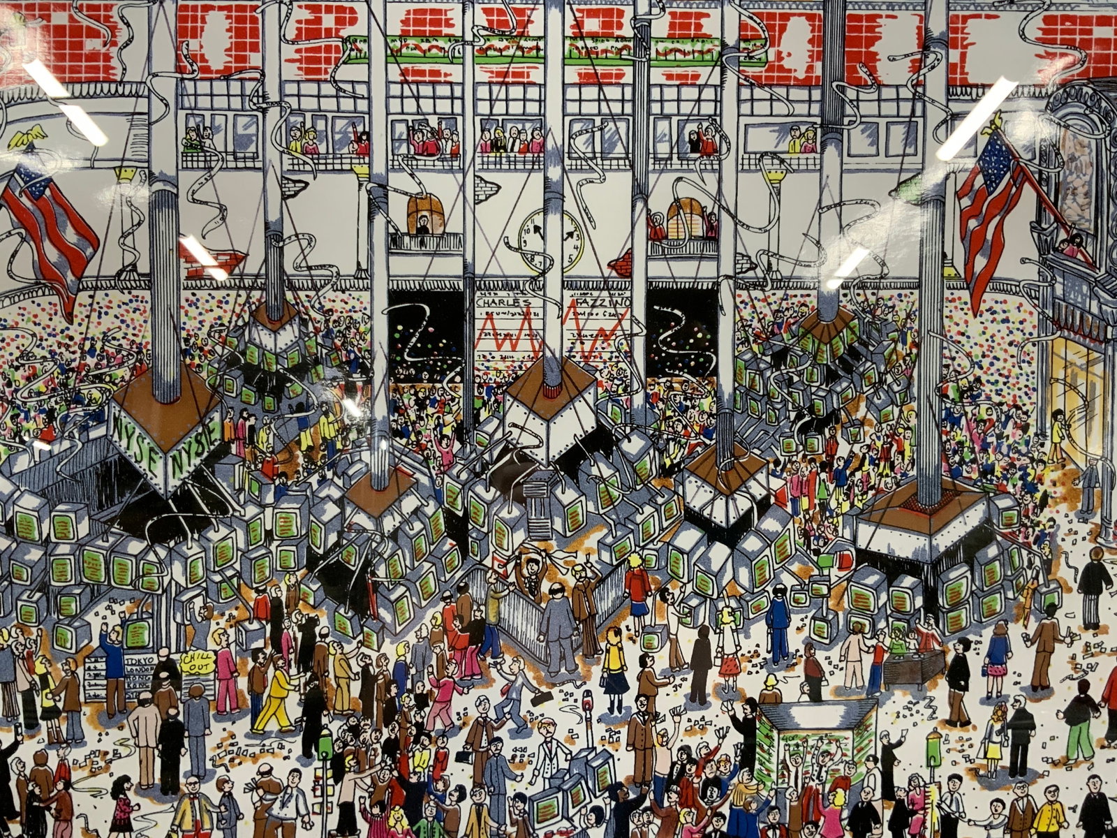 Charles FAZZINO Sgd New York Stock Exchange Litho: Signed on margin in red, Charles FAZZINO Depicts the New York stock exchange, filled with investors with tickets in the air, the screens filled with text. Framed in a black wooden frame with white mat