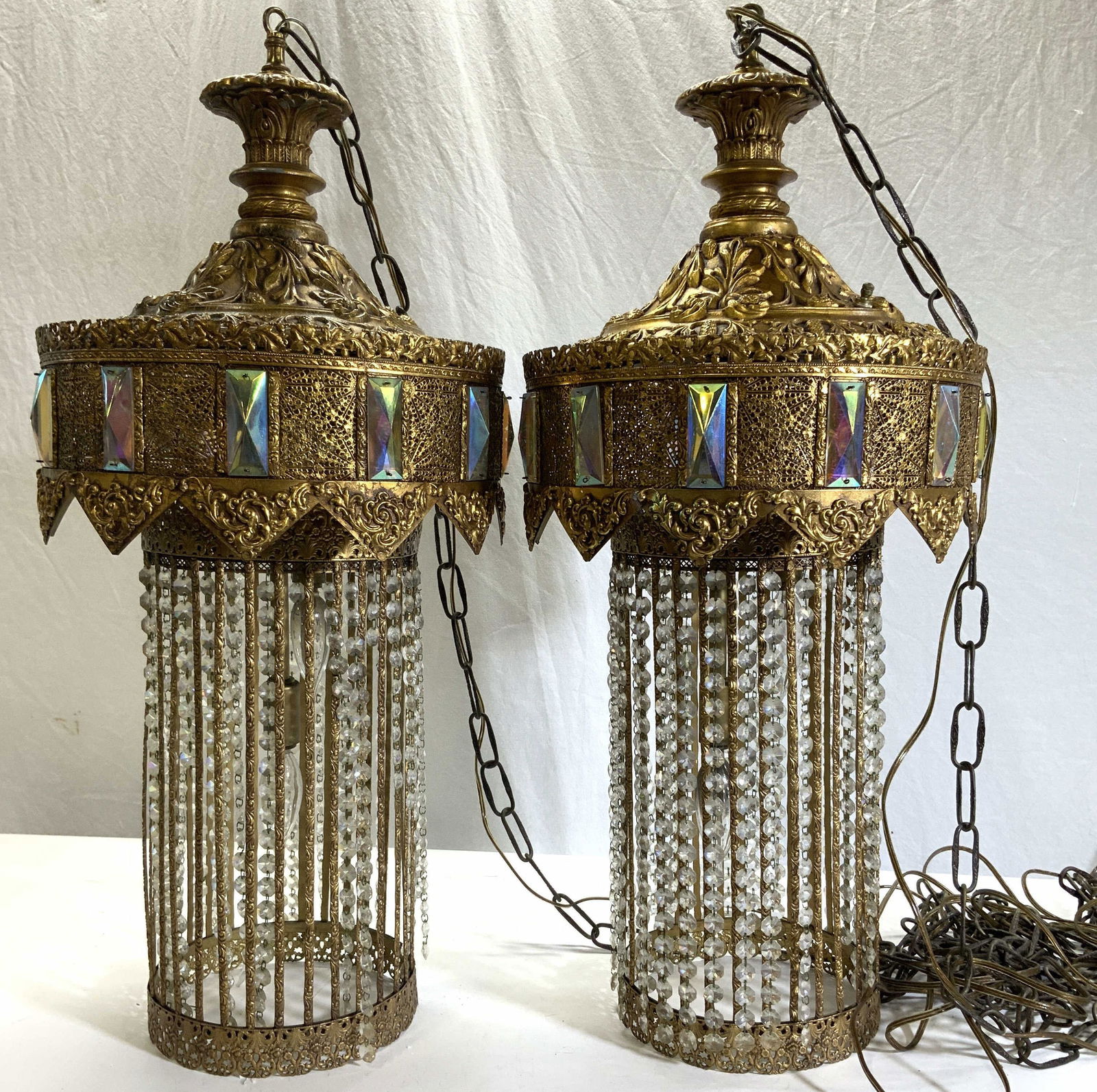 Pair French Moroccan Gilt Metal Pendant Lights (1 of 14)
