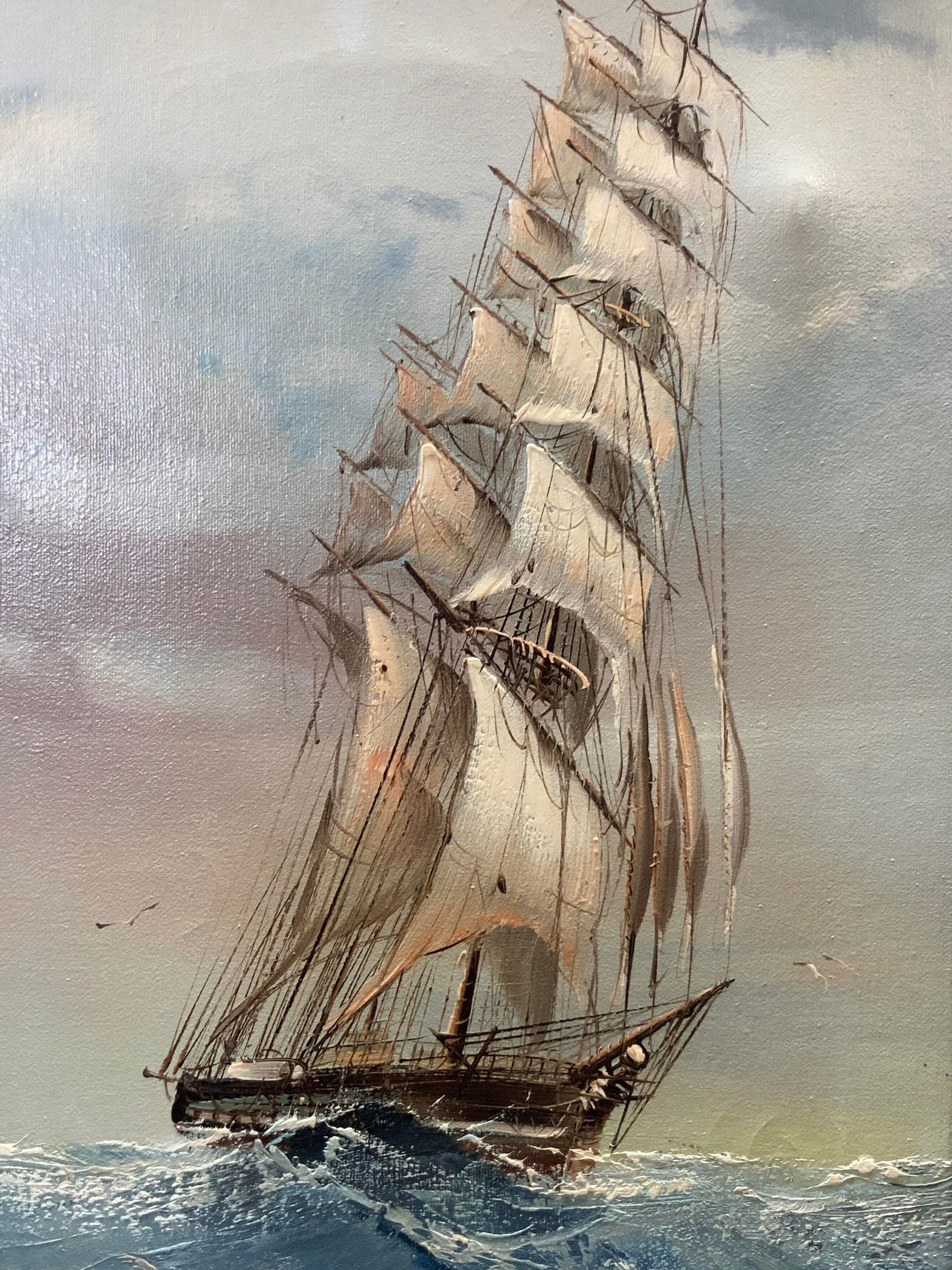 Sgd Vtg Clipper Ship Maritime Oil Painting 29in (1 of 9)