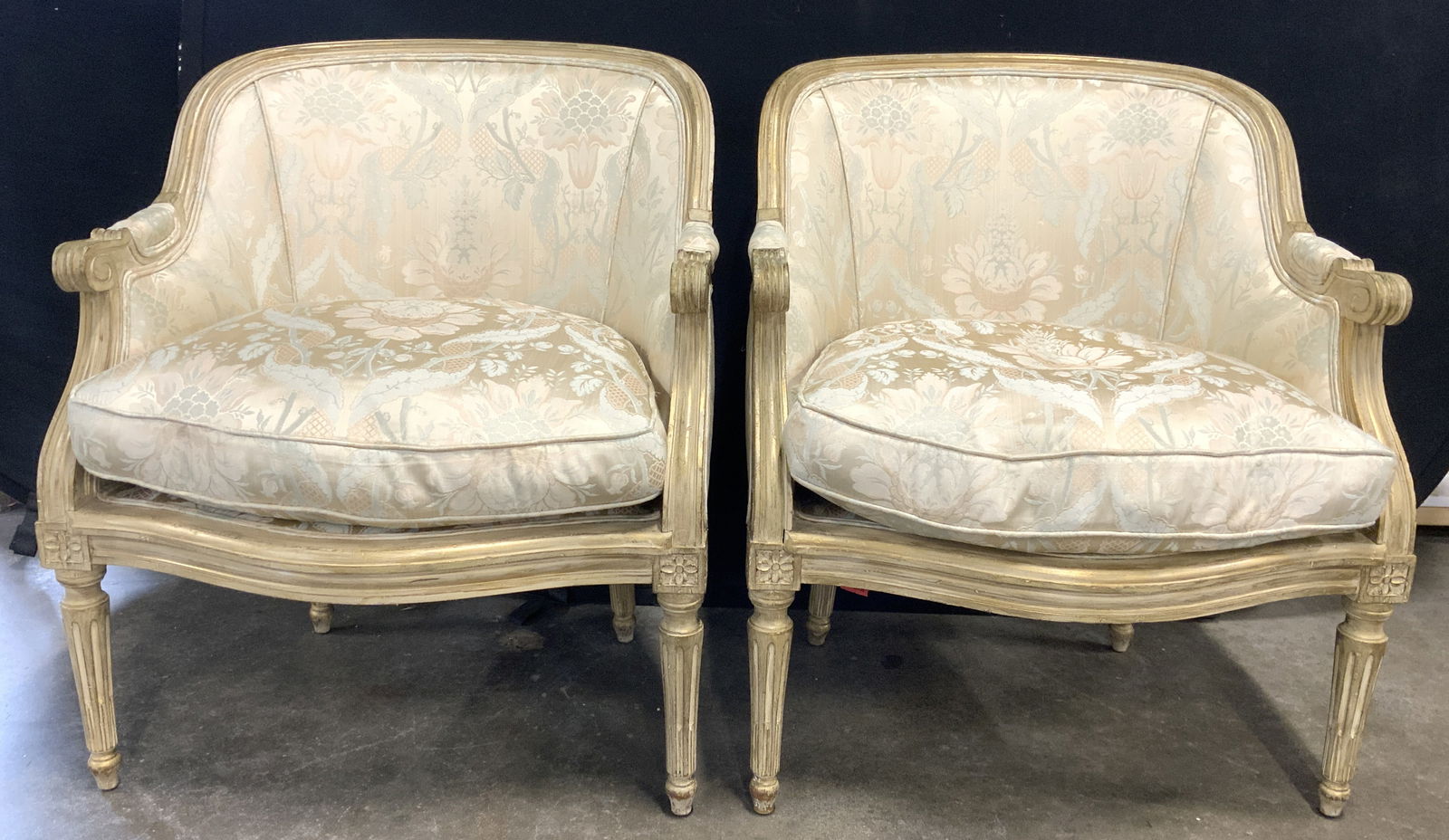 Pr French Armchairs W Custom Silk Damask & Down Uph (1 of 11)