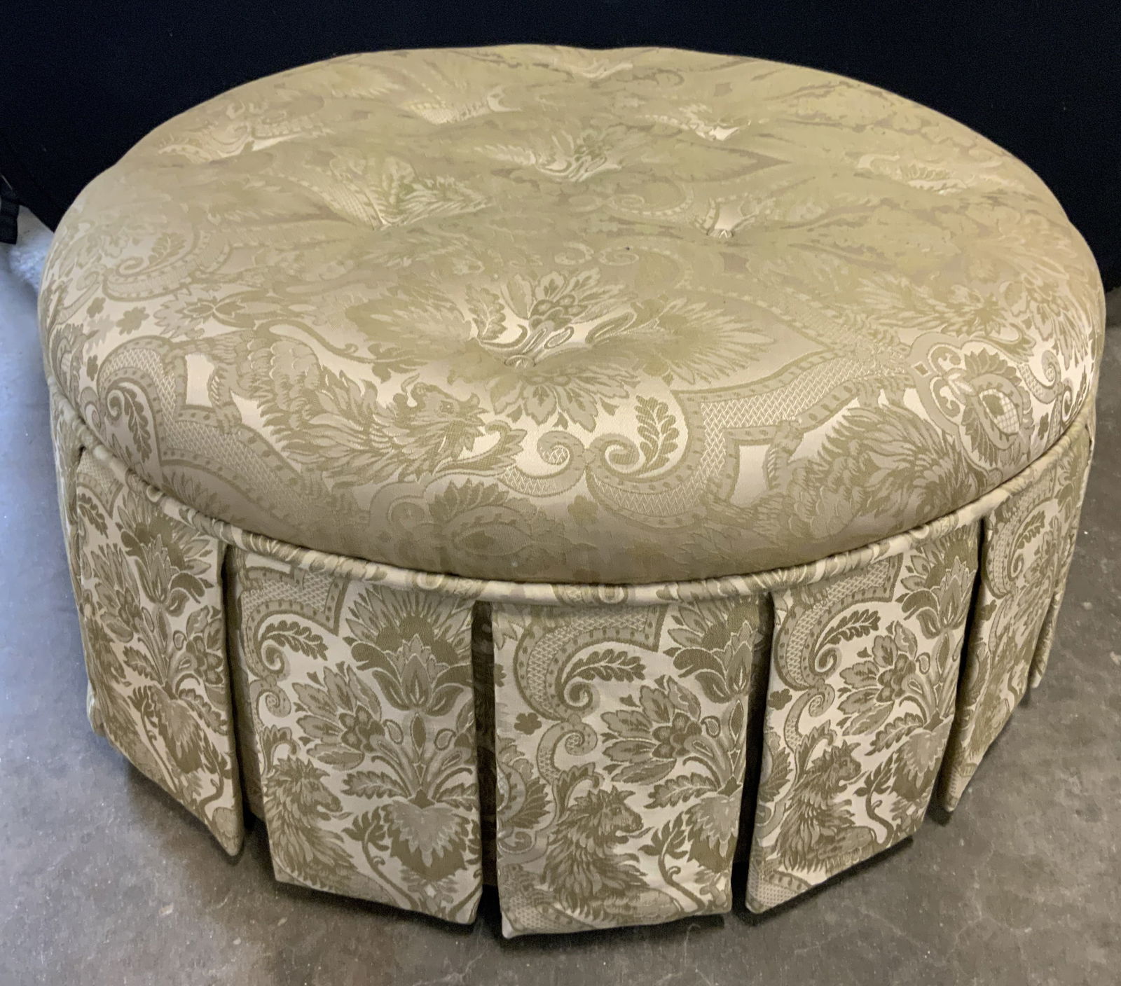 Custom Uph Skirted Round Footed Ottoman (1 of 7)