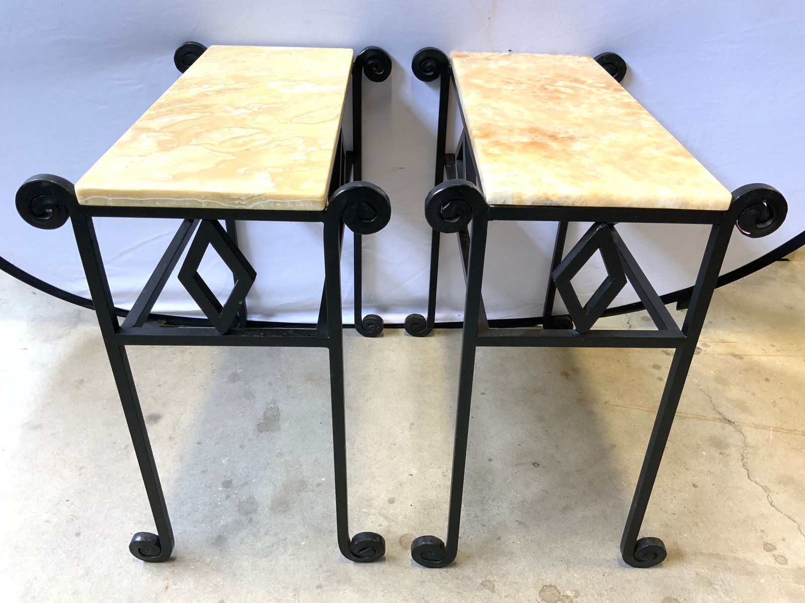 Pr Iron Side Tables W Limestone Tops (1 of 9)