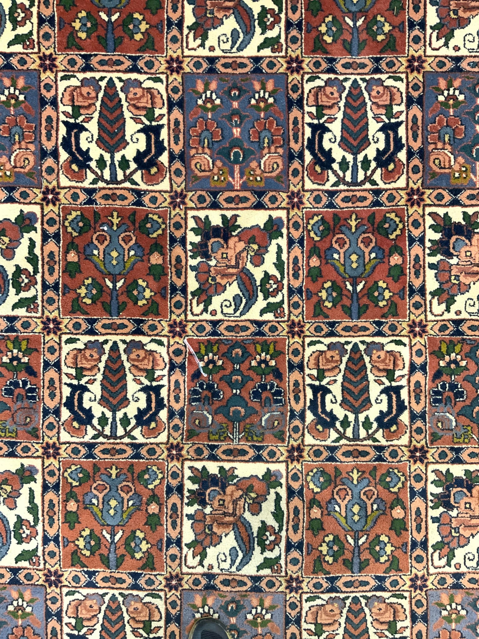 KATMURI FRITZ & LA Rue H Made Oriental Wool Rug: Tags reads KATMURI FRITZ & LA Rue. Rug is handmade and wool. Piece has cream toned fringes at edges. Rug has intricate multi toned floral, leaf & geometric detail. Rug measures approx 170 inches long 
