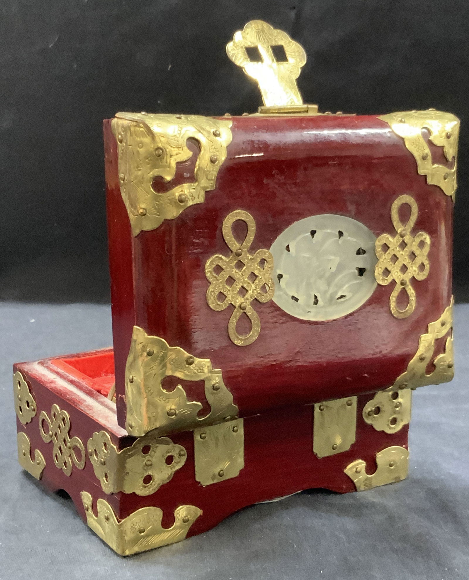Lacquered Asian Brass & Carved Stone Jewelry Box (1 of 7)