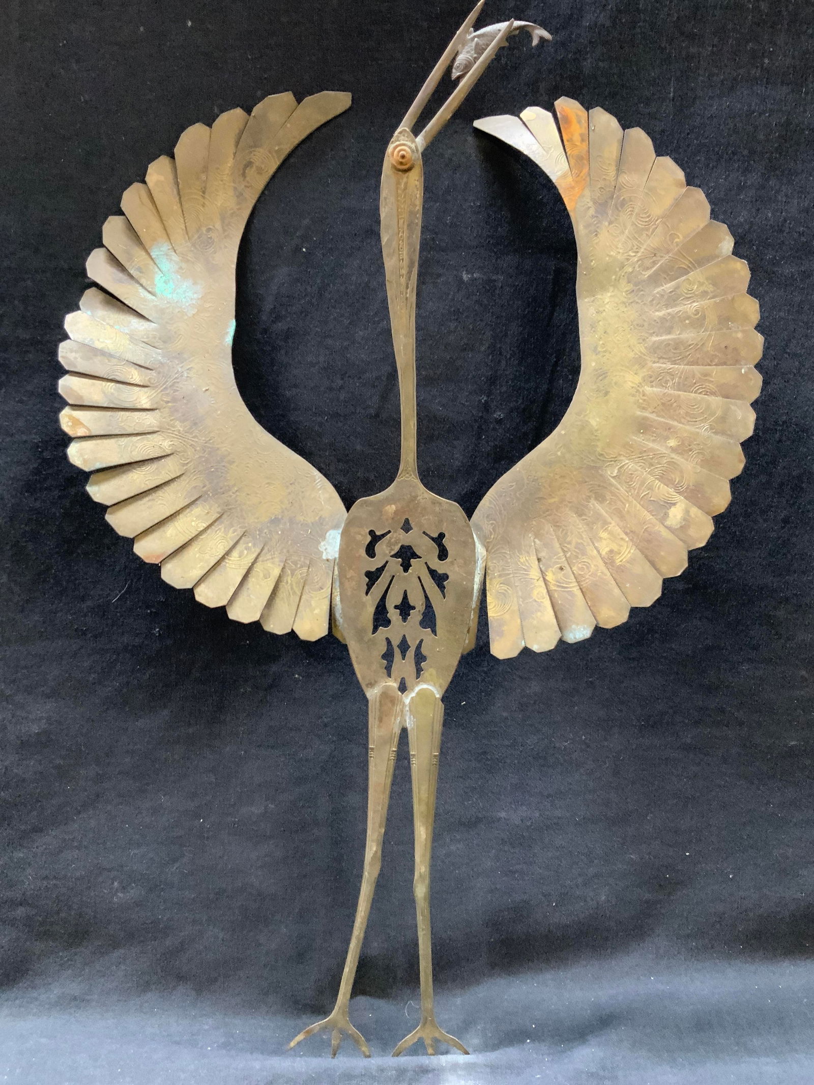 Vtg Etched Gilt Metal Crane Wall Ornament 16in (1 of 8)