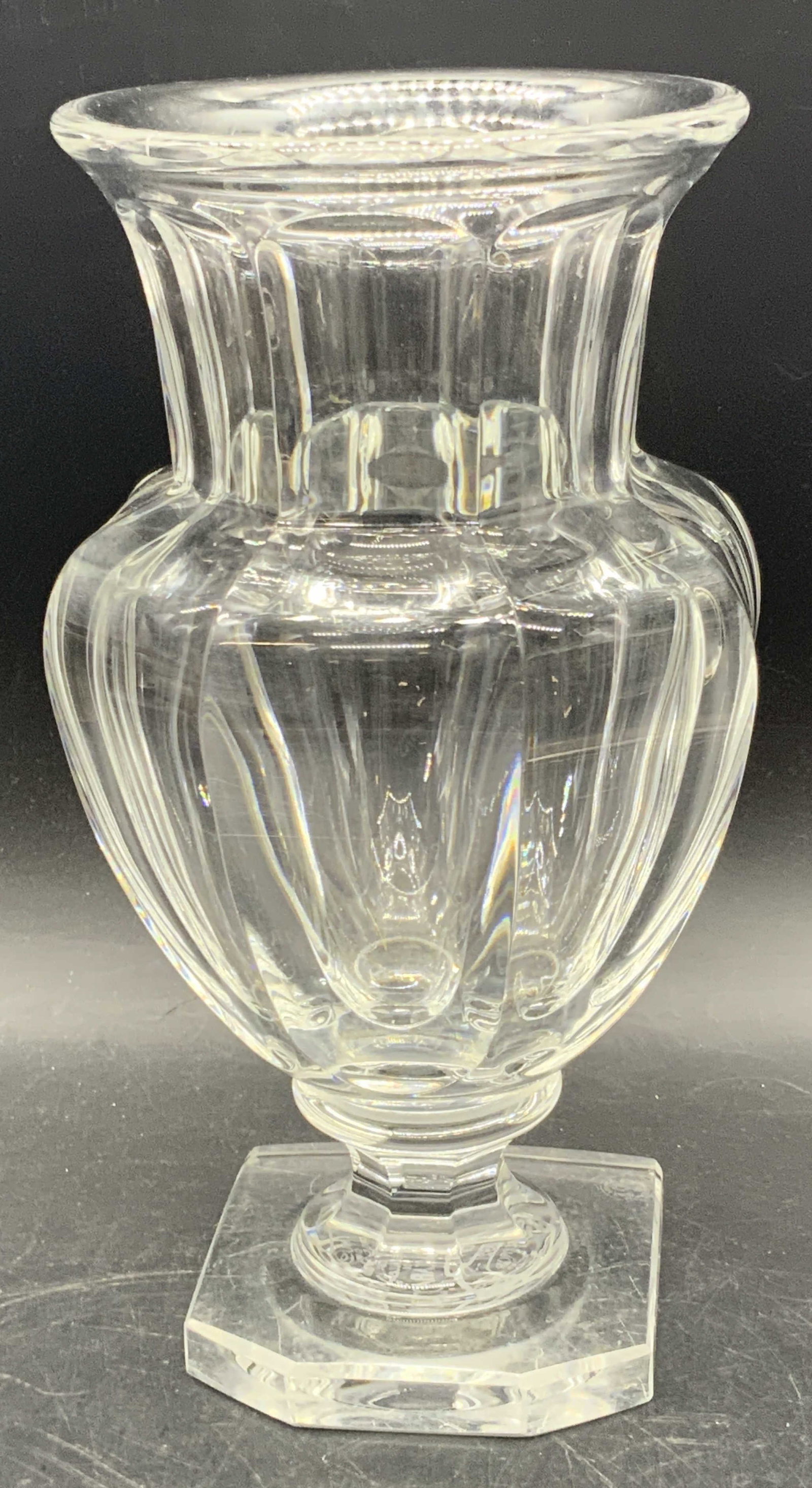 BACCARAT FRANCE MUSEE DES CRISTALLERIES Repro Vase: A crystal vase by Baccarat. Trademark to underside reads BACCARAT FRANCE. Underside also marked MUSEE DES CRISTALLERIES 1821-1840 REPRODUCTION. One side towards base also signed BACCARAT. Measures app