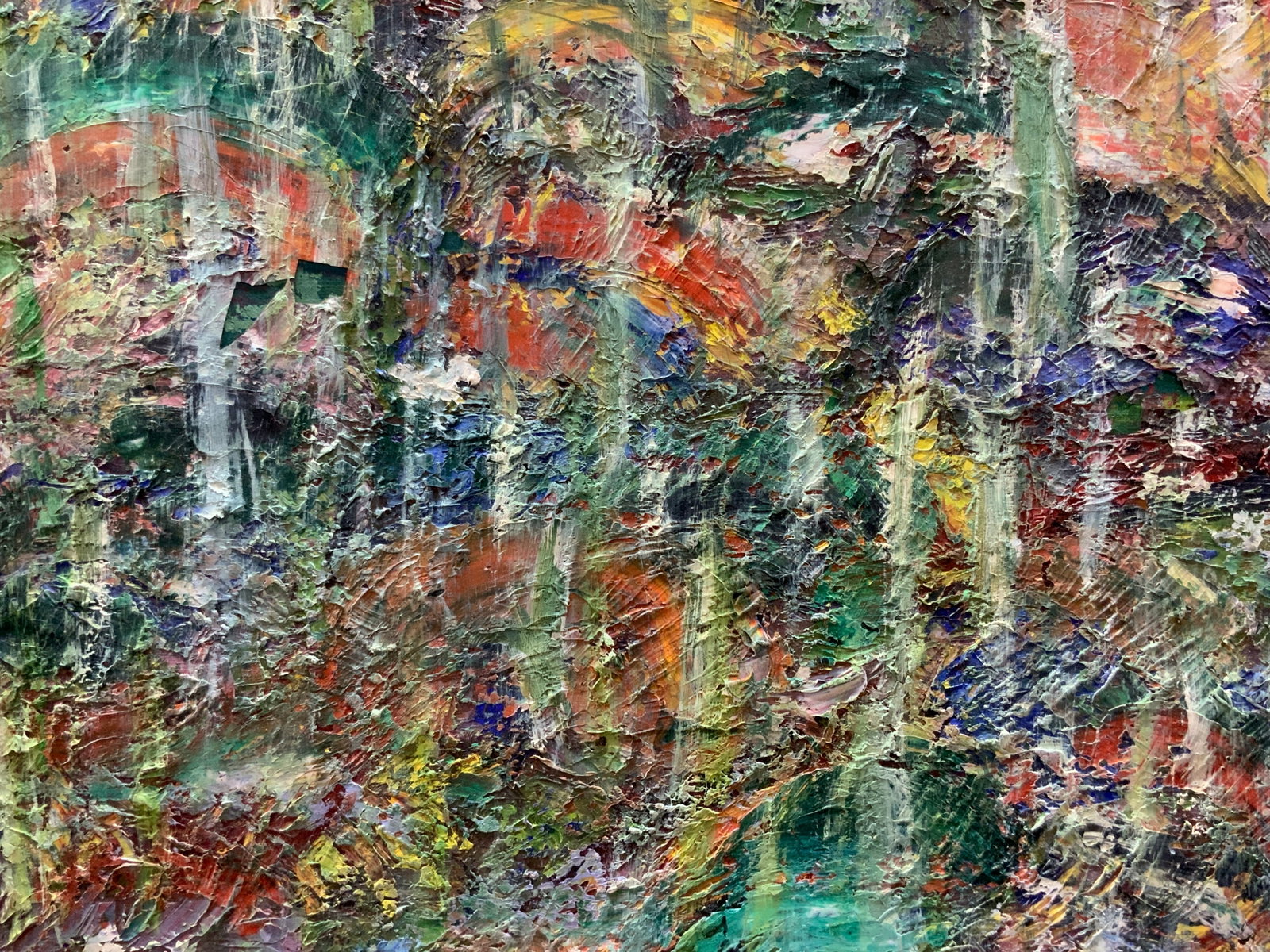 Merrit Sgd Textured Oil Painting On Canvas: Marked on backside Hela Merrit. A textured canvas oil painting with layers of colors and textures. Framed in a light toned wooden frame. Approx, 20 x 25.5 inches Window measure 17.5 x 23.5 inches Evid