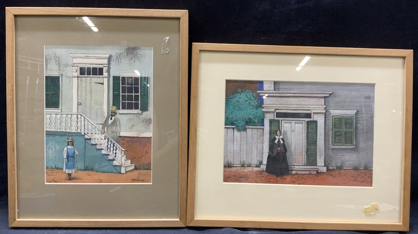 2 Richard De Menocal Sgd Watercolor & Pastel Art: Lot of 2 watercolor and pastel paintings. Signed Menocal on corners and marked on backside Richard De Menocal. 1 depicts a woman dressed in black outside of a house with green shutters. The other depi