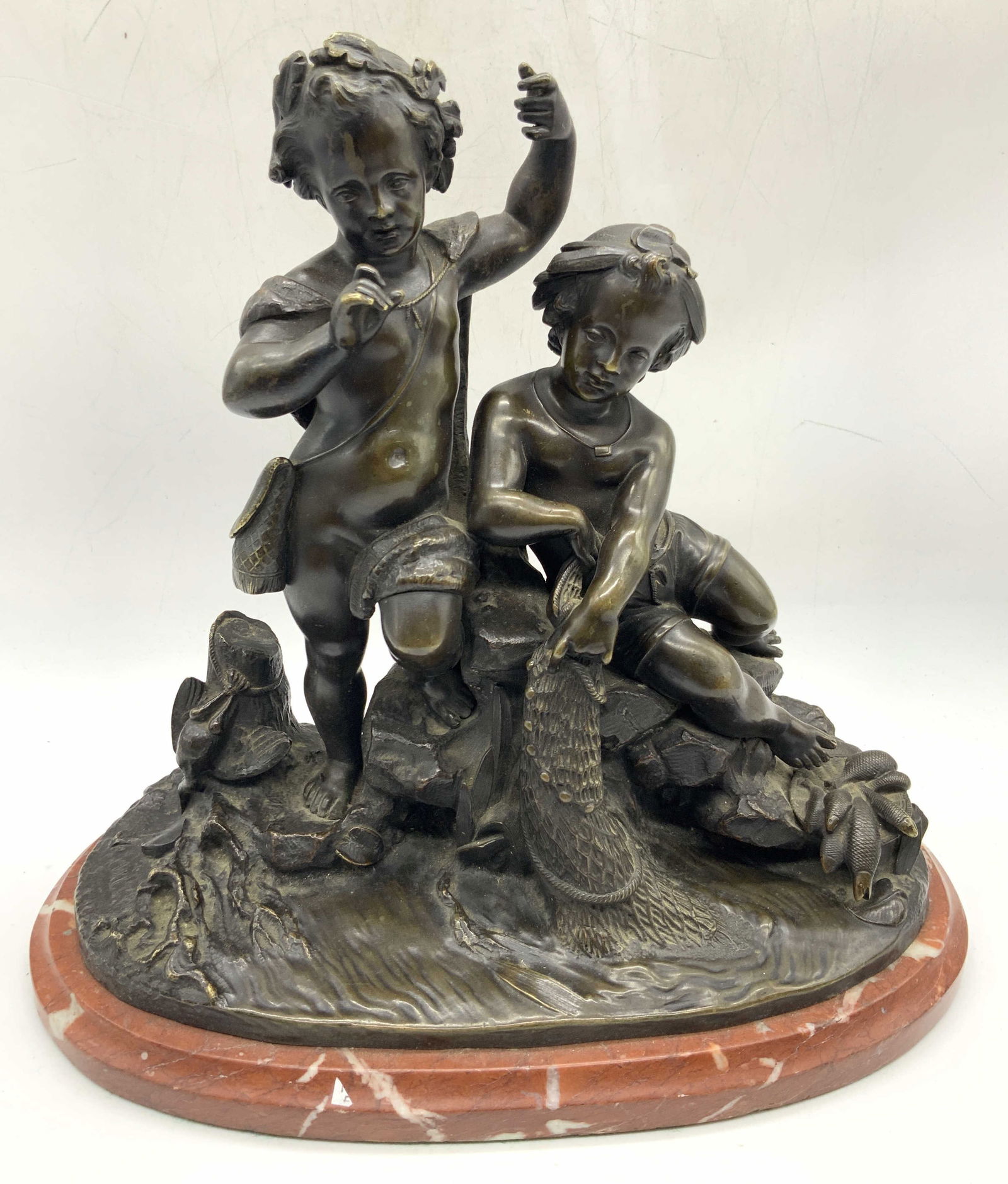 Antq Revillon Sgd Bronze Boys Fishing Sculpture (1 of 14)