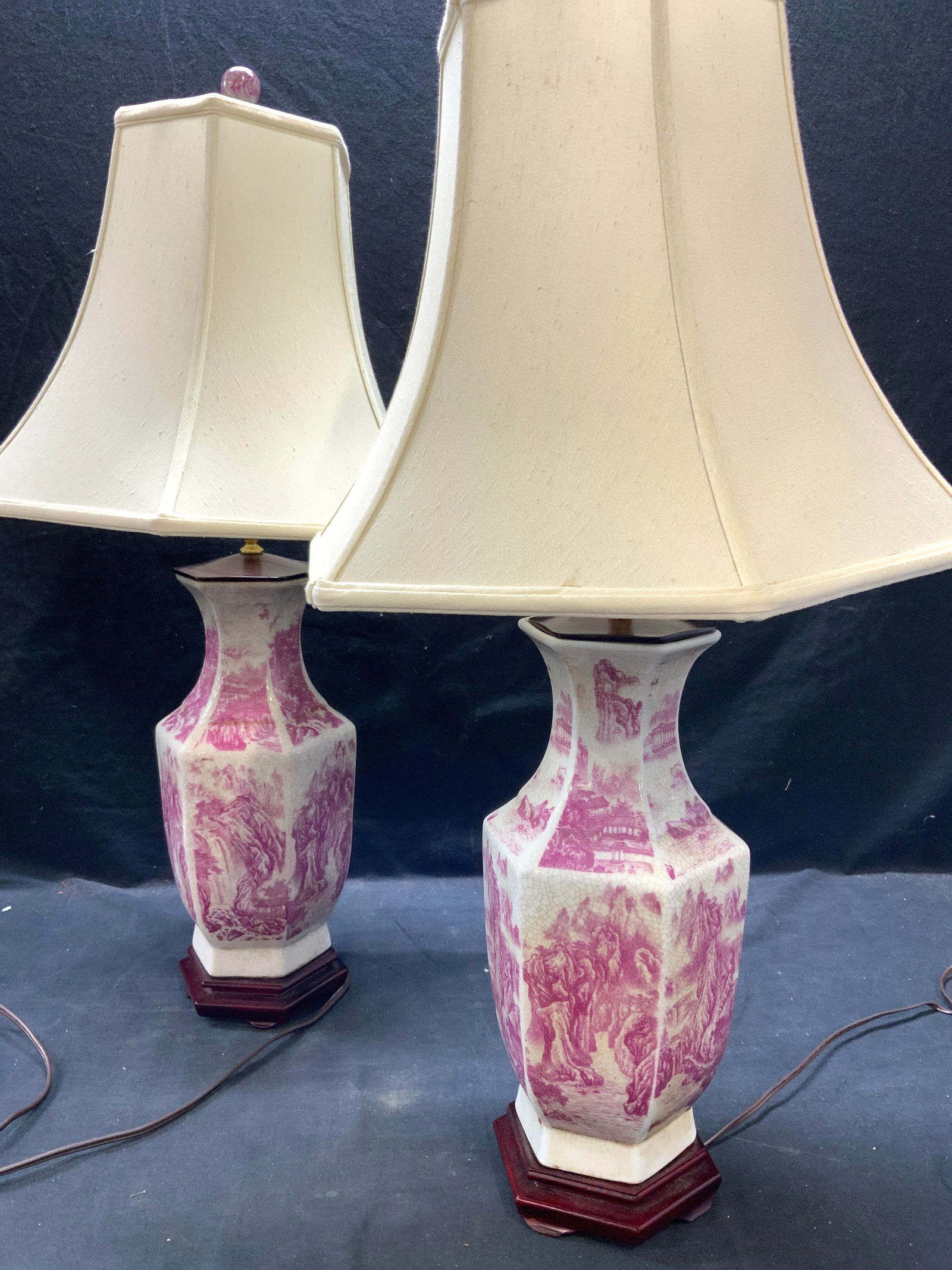 Pair Chinese Porcelain Lamps w Silk Shades (1 of 9)