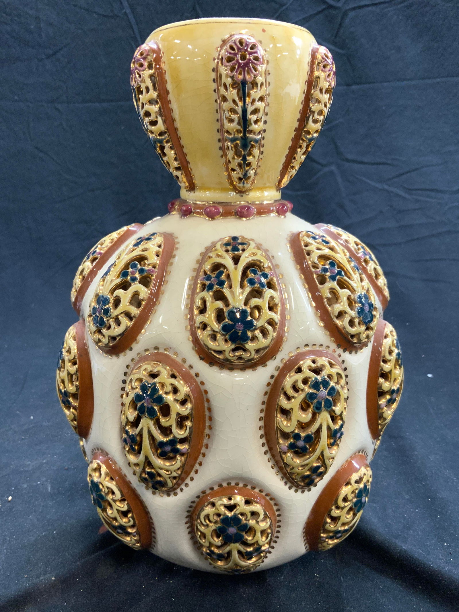 ZSOLNAY Antq Porcelain Vase Vessel W Pierced Detail (1 of 7)