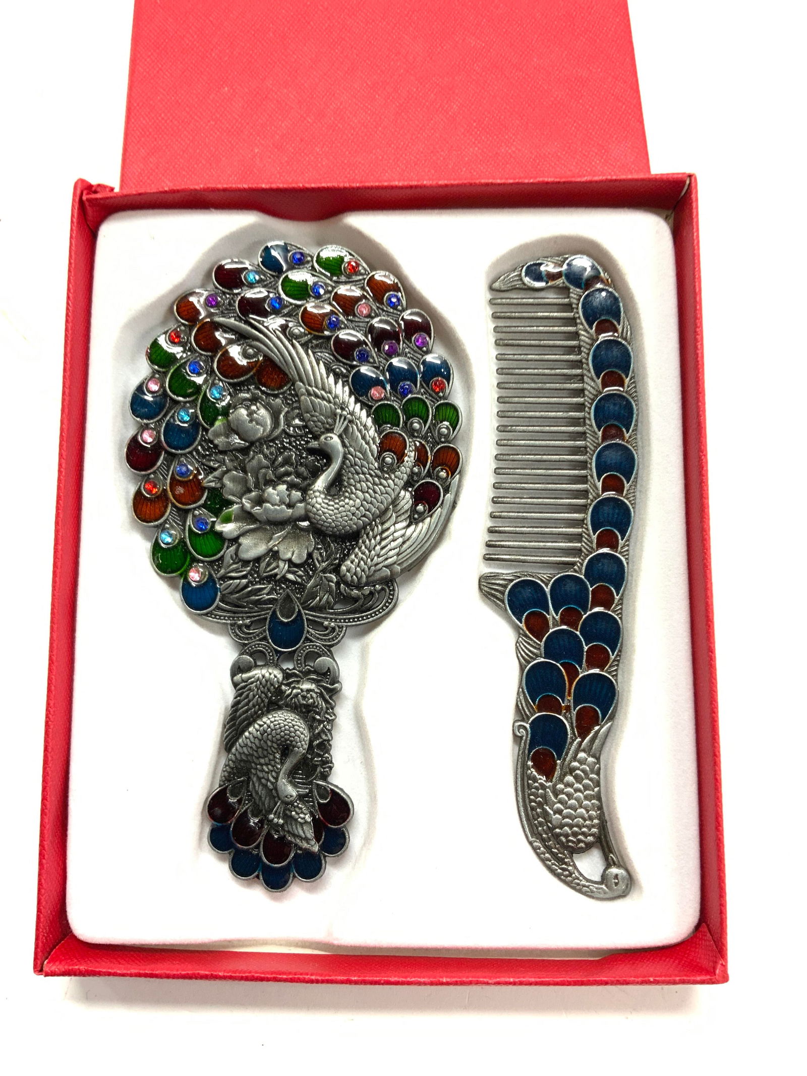 Enamel Peacock Mirror and Comb Set, Org Box (1 of 6)