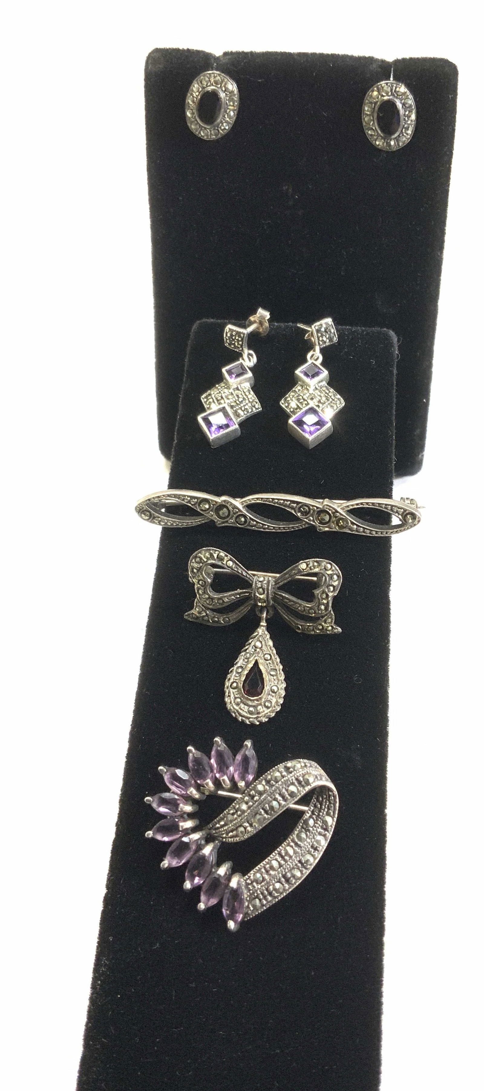 Lot 7 Sterling Silver Marcasite & Gem Earrings + (1 of 9)