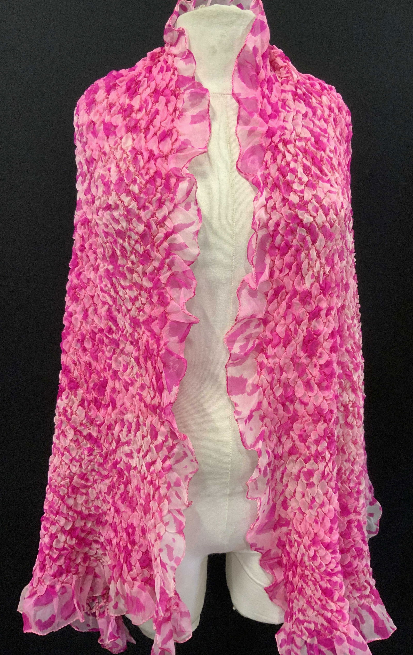 ESCADA Silk Wrap/Shawl, Italy: Vintage Escada pink silk wrap/ shawl with a fish scale pattern. 100% silk. Has a bit of stretch. Made in Italy.. Luxury label attached. Measures 25 x 67 in. Vintage wear, Estate wear, ladies s accesso