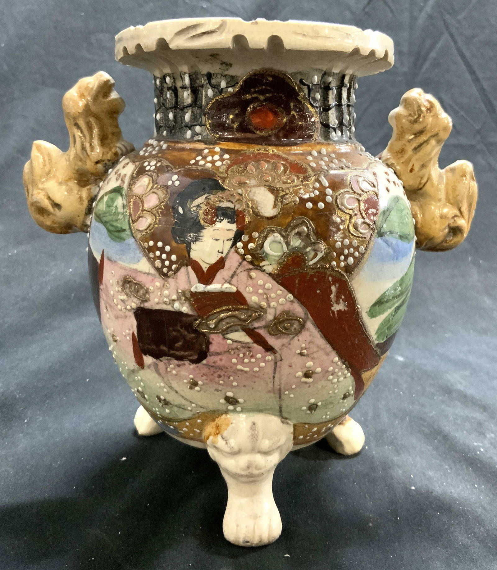 Vtg Footed Hand Painted Ceramic Satsuma Style Vase (1 of 8)