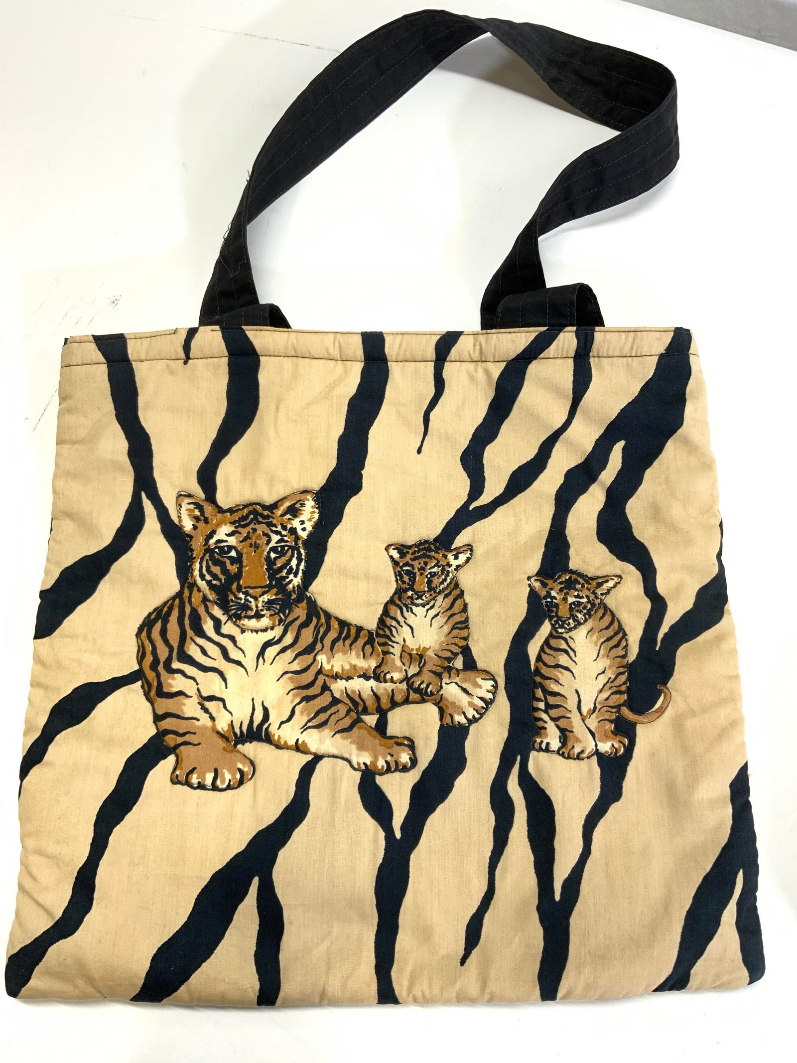 Star of Siam Cotton Tiger Tote Bag, Thailand: Star of Siam vintage cotton tote bag with tigers on both sides. Quilted bag , wide cotton handles, drop is 9 in. Tote measures 14 in. W x 13 in. Tall. Needs cleaning. Made in Bangkok, hand tailored in