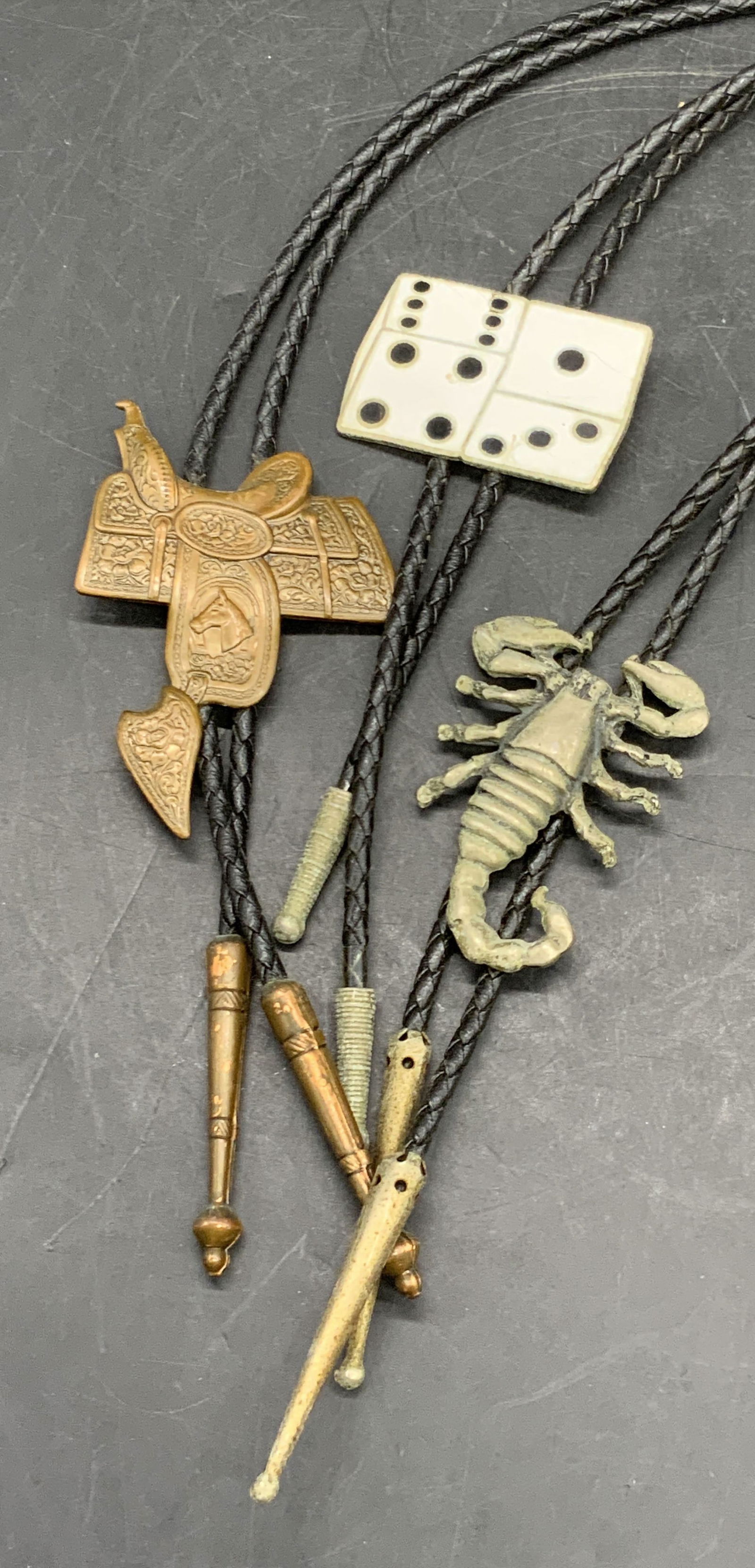 3 Vintage Dice, Scorpion, Saddle Motif Bolo Ties (1 of 9)