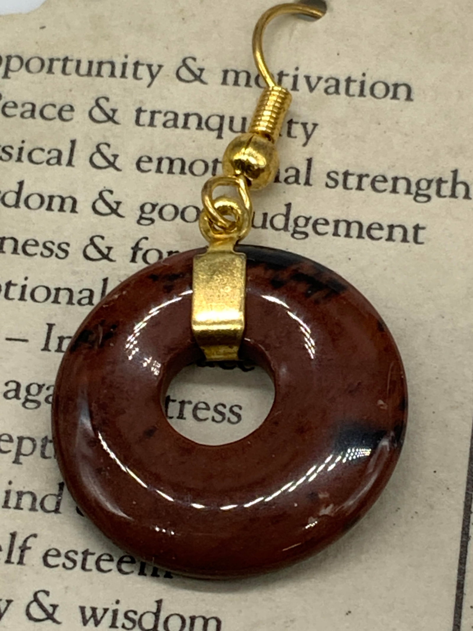 Semi Precious Gemstone Drop Earrings, Org Package: Semi precious gemstone disc drop earrings with gold tone metal hardware. Fishhook backings. Comes with original packaging. Earrings measure approx. 1.5L x .75W in. Some surface wear present. earrings,