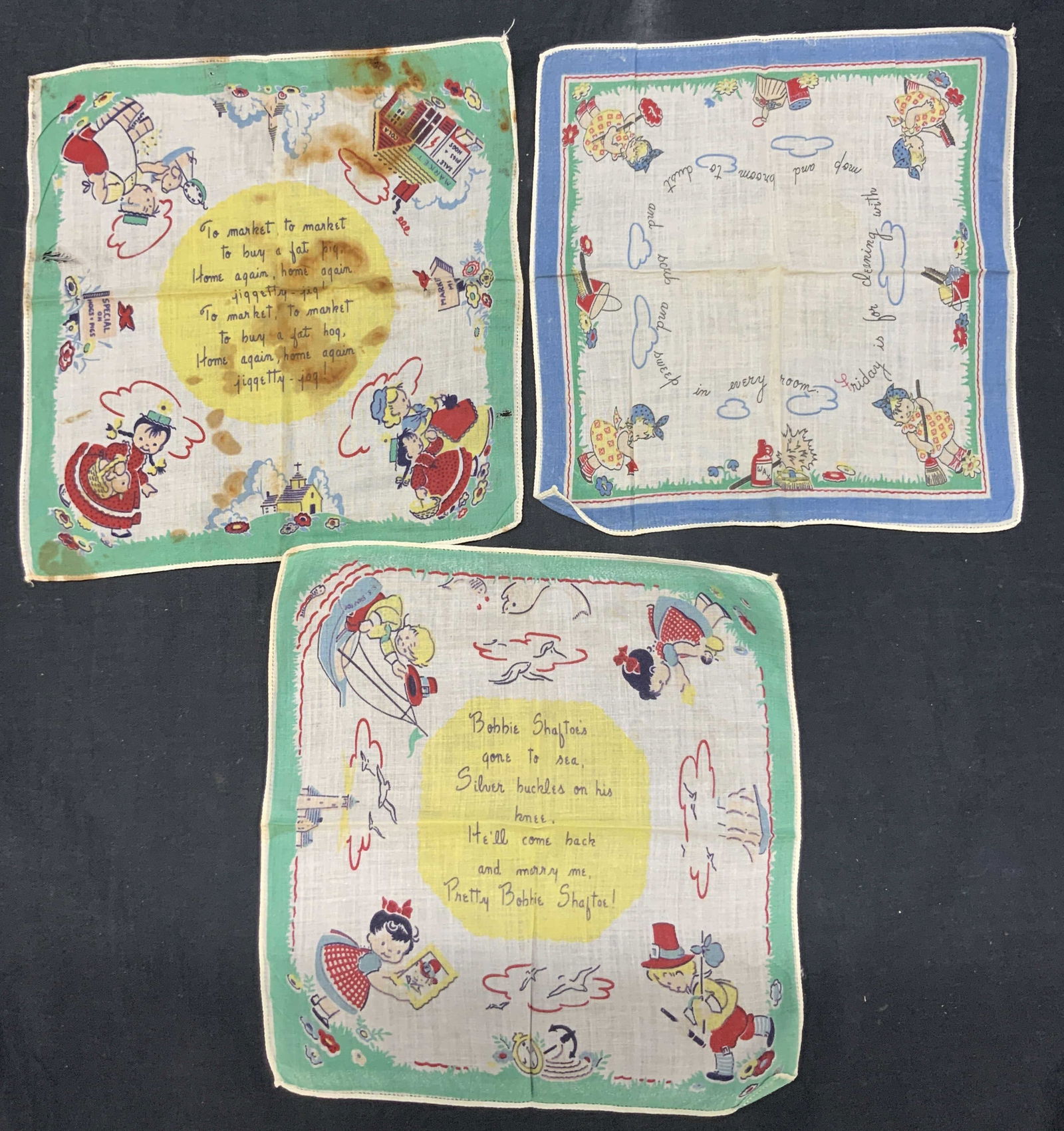 Lot 3 Vtg Children Linen Handkerchiefs: Lot of 3 linen graphic handkerchiefs with images of children with song lyrics in the centers, 2 with green edges and 1 with blue. Approx 9 x9 inches. Evident discoloration and blemishes to hankies due