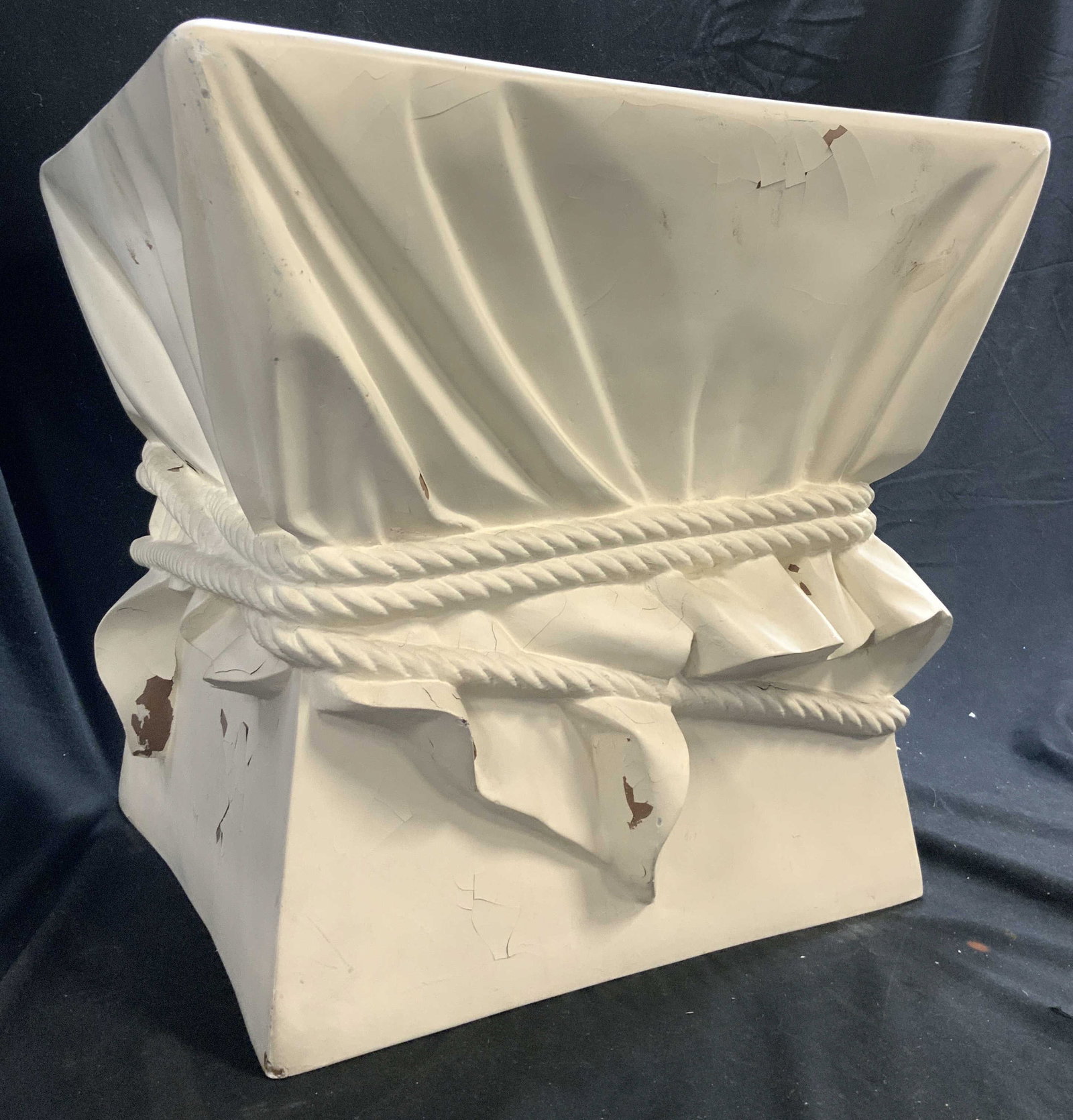 Vntg French Neoclassical Resinous Stool: Piece is cream toned, appears to be a resinous material. Piece has detail mimicking cloth draped & tied with cording. Measures approximately 15.25 inches tall 16.5 inches square. Stool, side table, Fr