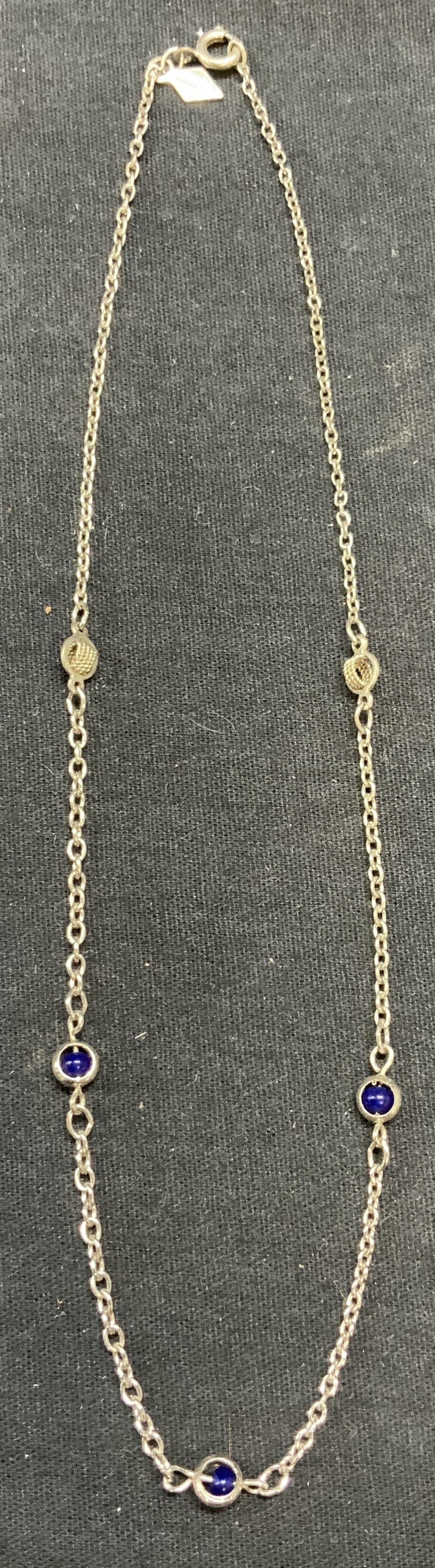 Vintage Sarah Coventry Silver Tone Necklace: Vintage Sarah Coventry silver tone necklace with blue beaded decoration. Signed on hang tag. Drop length approx. 7.5 inches. Some surface wear including scratching observed. Estate jewelry, costume je