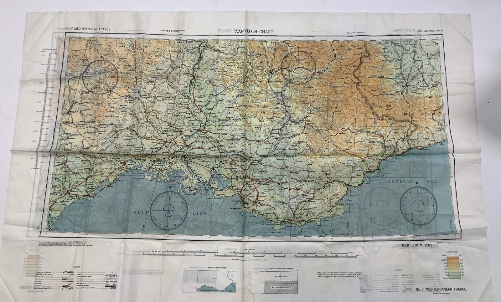 Mediterranean France/ Lyon Cloth Map: Mediterranean France and Lyon Torino AAF cloth map chart. Synthetic material. Measures approx. 37.5 x 23.75 inches. Some wear to material including blemishes observed. Mediterranean France, Lyon Tori 
