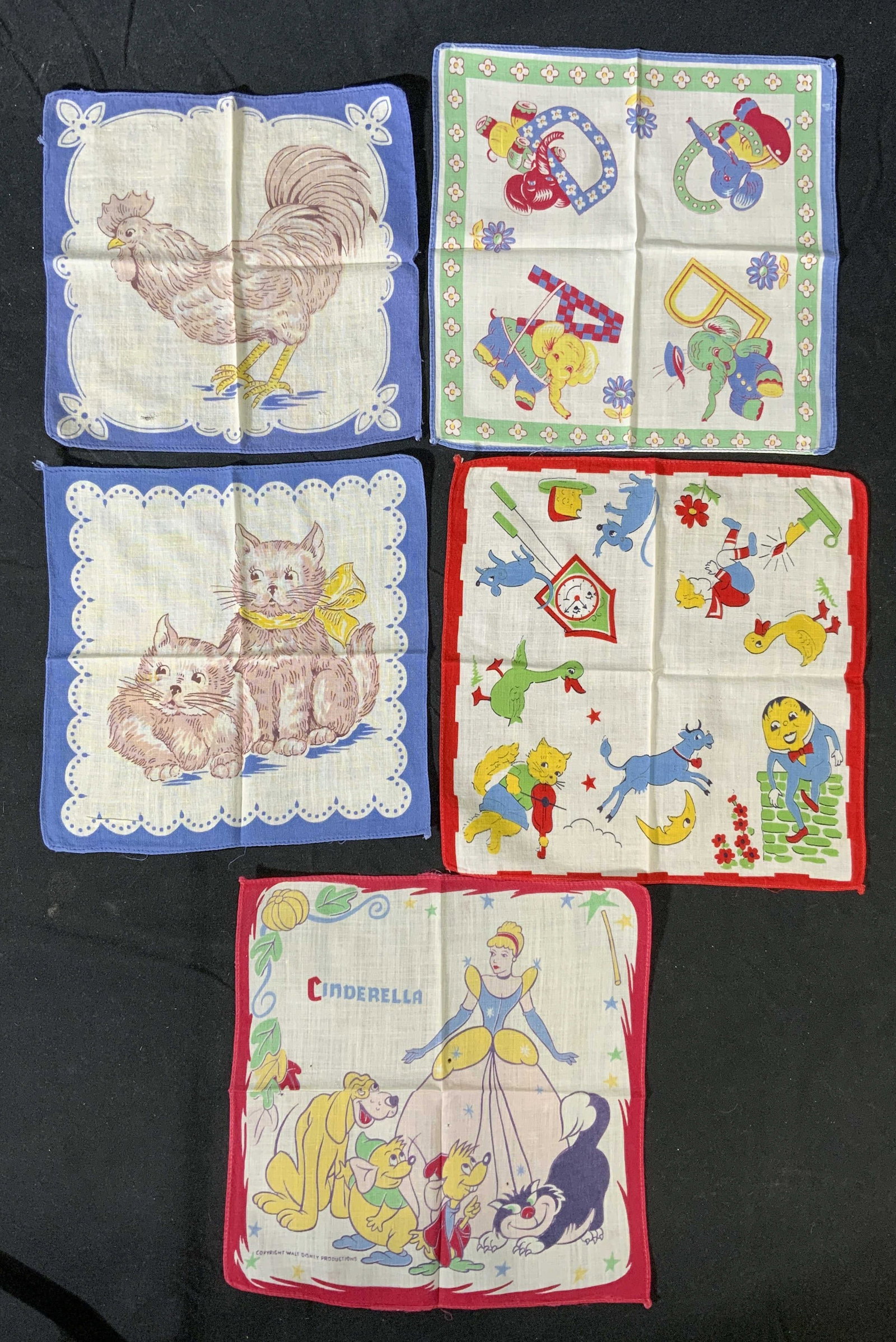 Lot 5 Vintage Hankies, Cinderella, Animal, More: Lot of 5 vintage hankies. 1 Disneys CINDARELLA hankie, measures approx. 8 x 8.25 inches. 1 rooster hankie, measures approx. 7.5 x 7.5 inches. 1 cat hankie, measures approx. 7.5 x 7.5 inches. 1 ABCs el