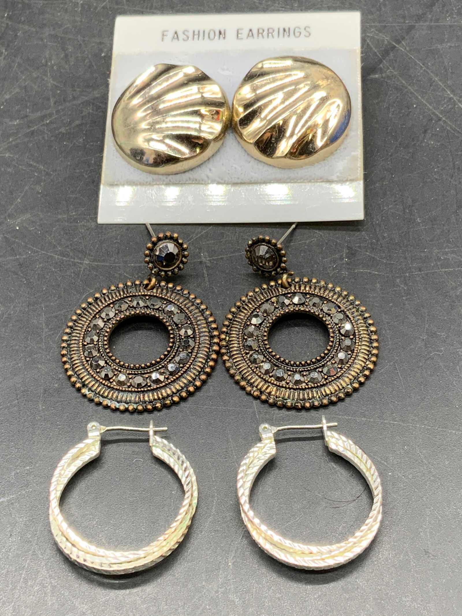 Lot 3 Crystal Disc, Clam Shell, & Hoop Earrings (1 of 8)