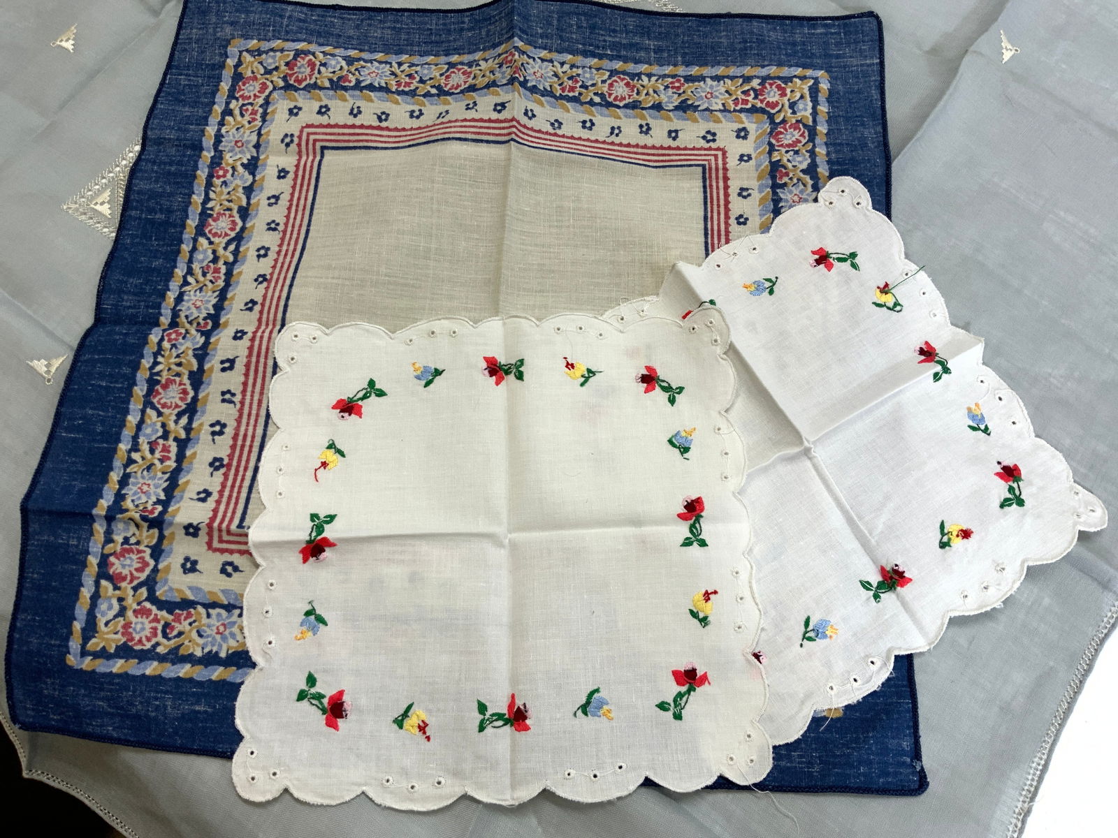 4 Embroidered Cotton Hankies, Linen Tablecloth (1 of 7)