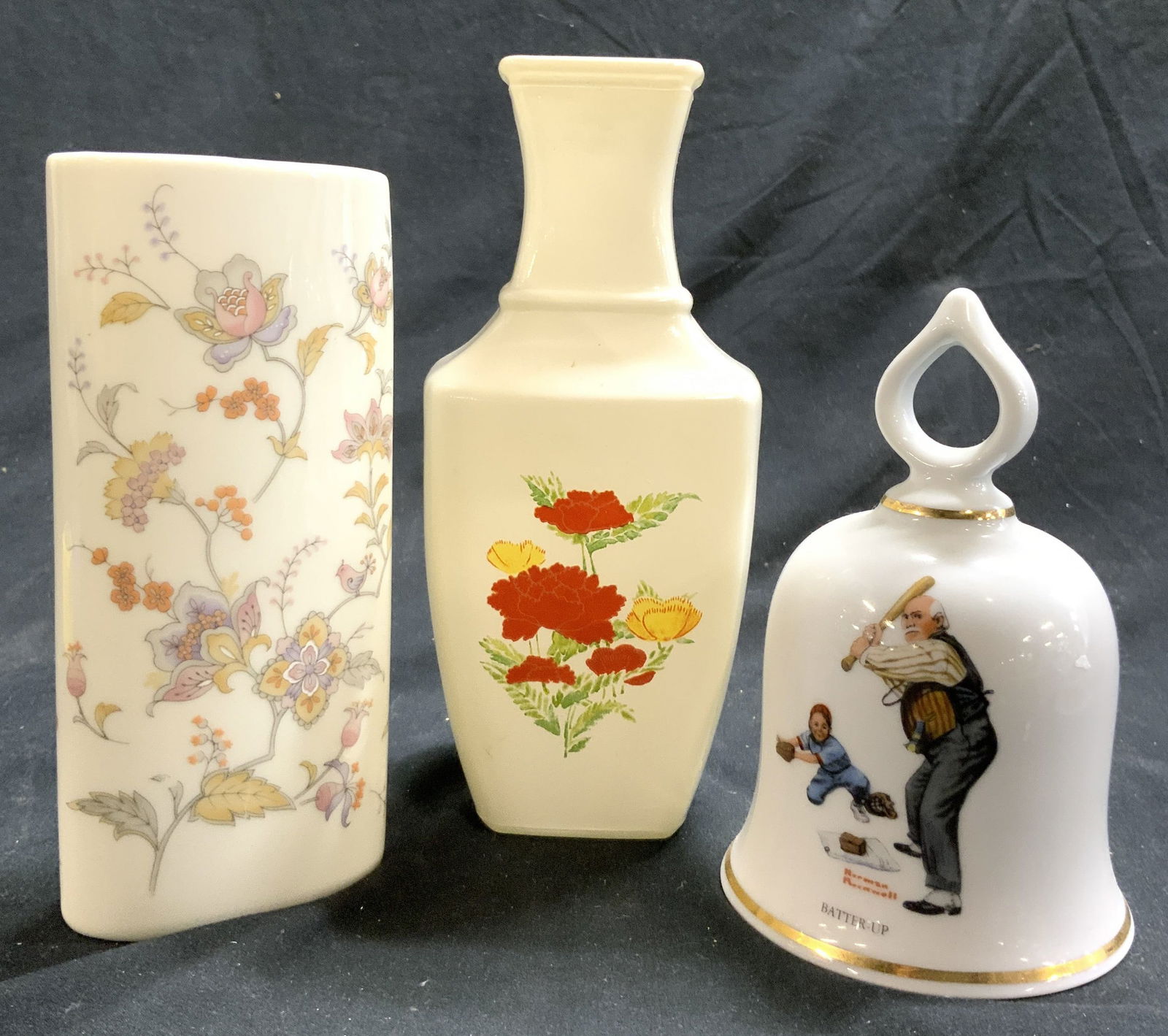 3 Vessels & N Rockwell Germany Porcelain Bell +: Lot includes 1 porcelain bell marked THE WONDERFUL WORLD OF NORMAN ROCKWELL THE DANBURY MINT 1979 MADE IN W GERMANY. Other side of bell reads BATTER UP with depiction of child and elderly male figure