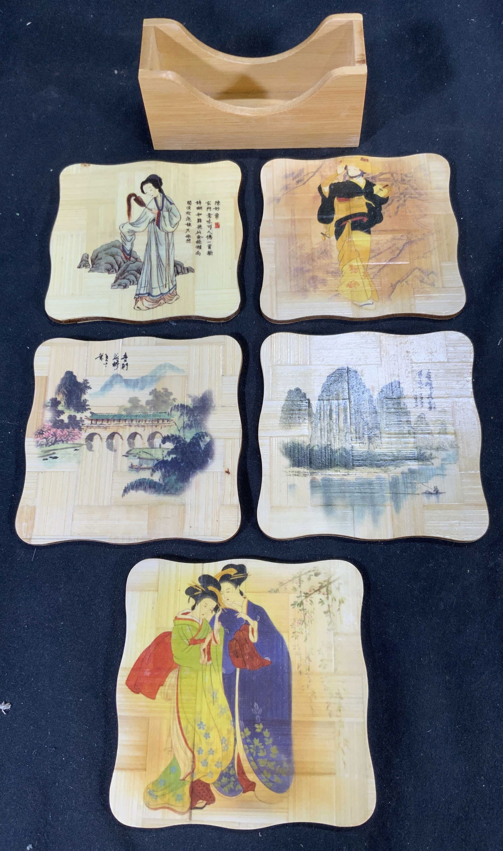 Set 6 Asian Wooden Coasters & Holder (1 of 8)