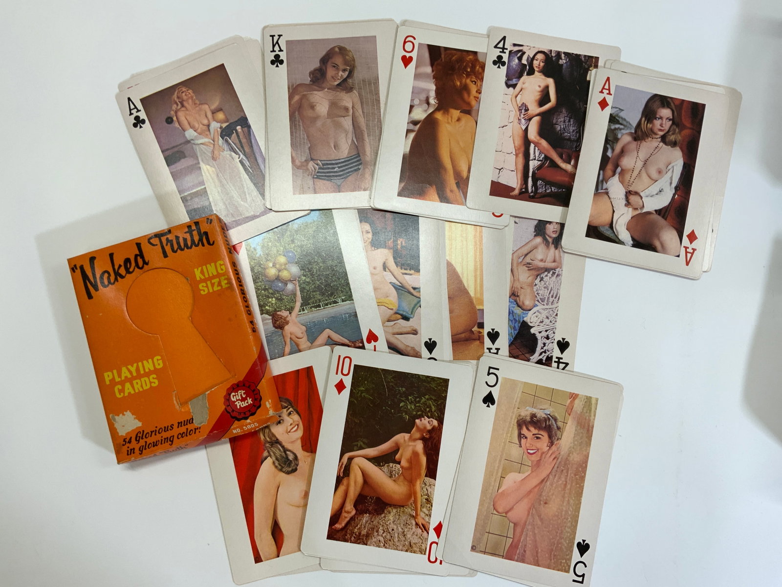 Naked Truth King Size Nude Pictorial Playing Cards: Vintage Naked Truth Oversize playing cards with nude photographs. 51 cards counted. In original box. Cards measure 7 x 5 in. -3S
