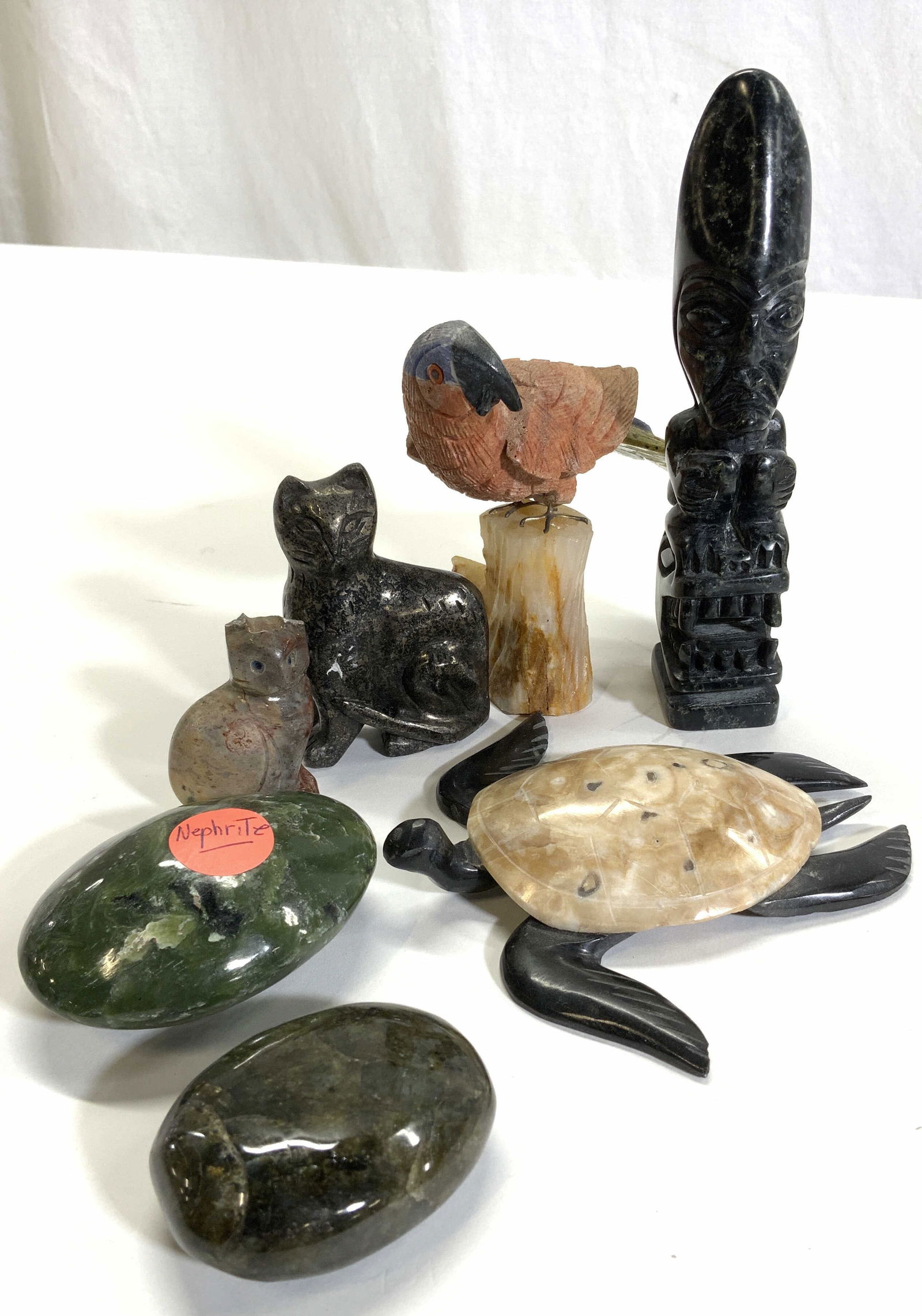 7 Nephrite Jade, Labradorite Carved Stone Figurals (1 of 9)