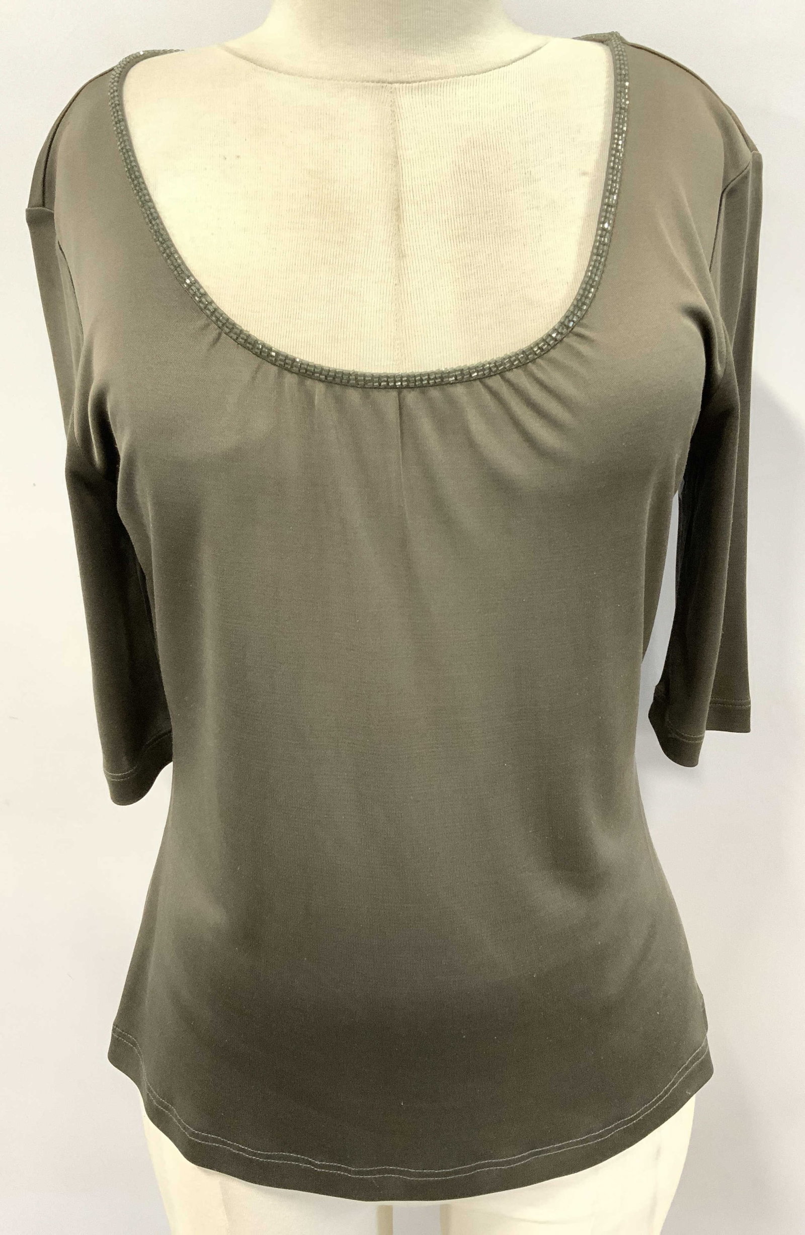 BASLER Olive Green Top w Collar Beading Turkey: Basler olive green 3/4 sleep top with beaded scoop collar. Size Medium. Made in Turkey Summer clothing, ladies wearables, ladies fashion, Ladies top, casual wear, designer Basler, vintage wear, estate
