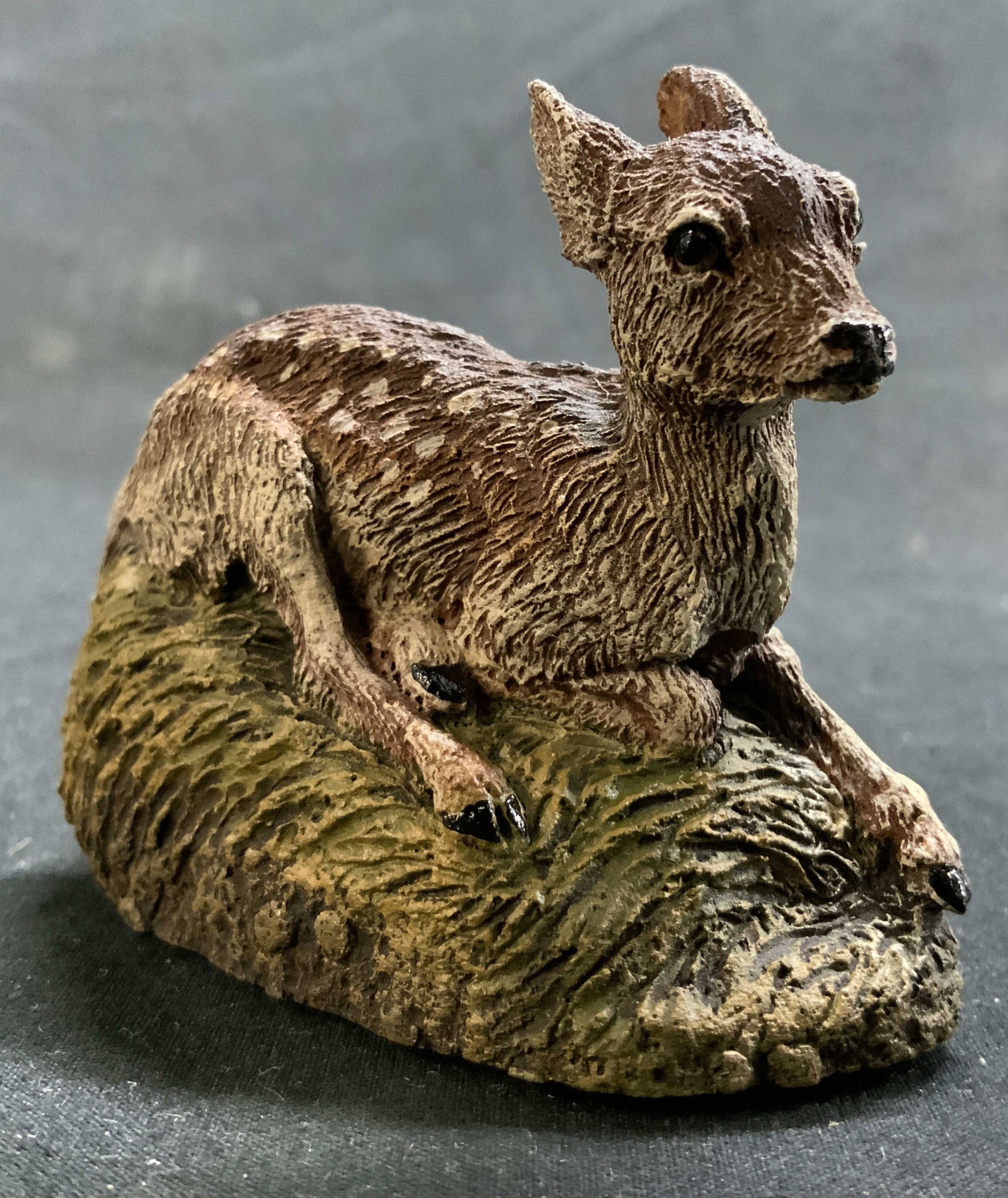 H DEATON Hand Painted Cast Bronze Fawn w Case 1978: Tag on underside reads The Deaton Wildlife Miniatures White tailed Deer Fawn by H DEATON 1978 limited edition of 15,000 Hand painted cold cast bronze. Piece depicts a seated baby deer fawn. Deer figur