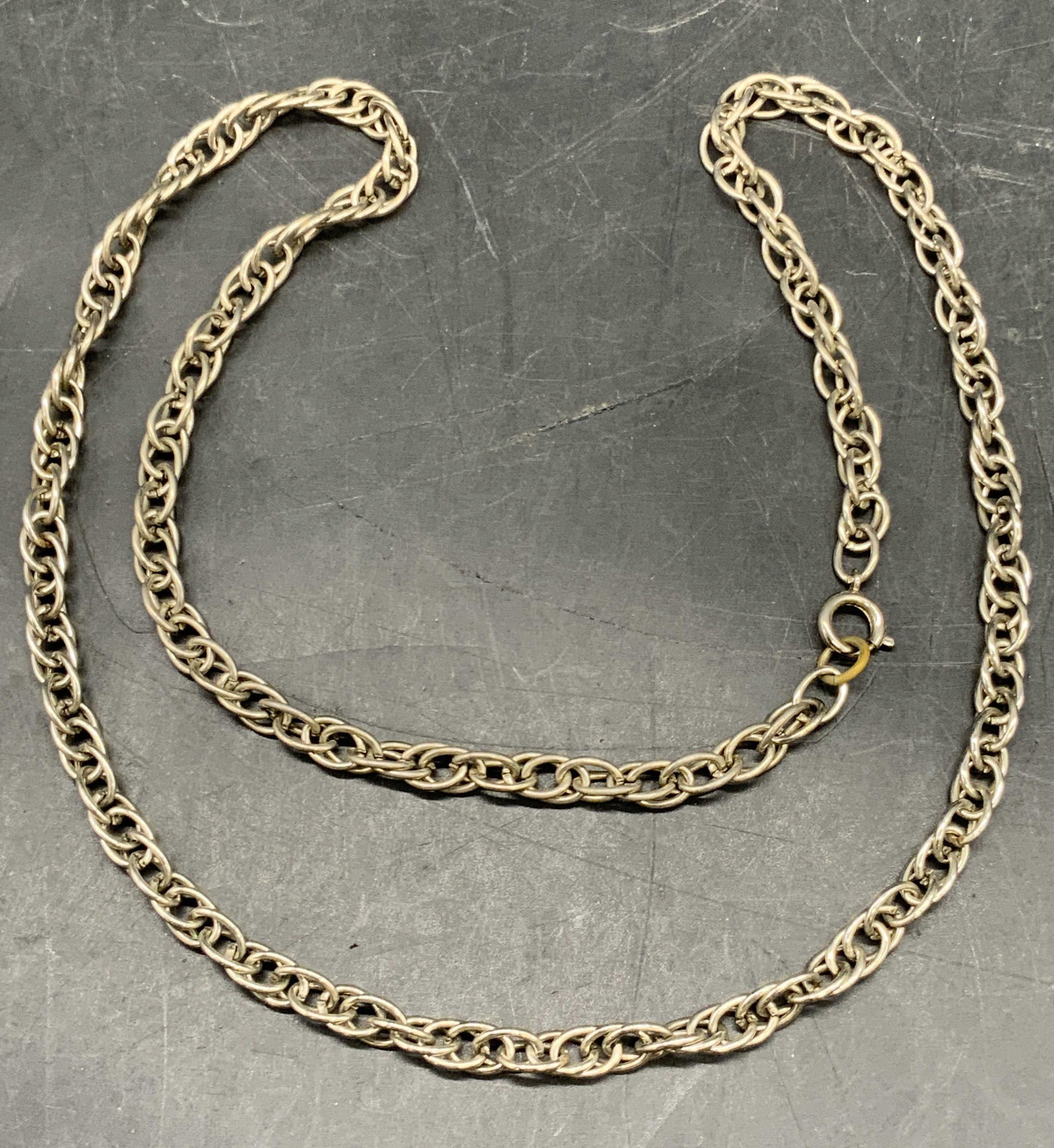 Silver Tone Metal Chain Necklace, Jewelry: A silver tone metal chain necklace. Secures with C Spring clasp closure. Measures approx. 25.5 inches in length, measured end to end. Some discoloration and surface wear present. jewelry, accessories,