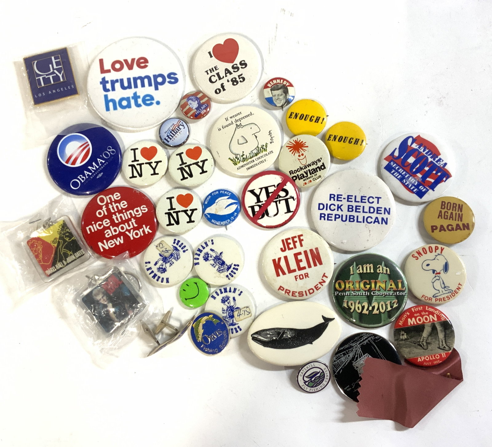 Collect Vntg Political Button Pins, Sterling Silver: 20 + items of sterling silver, political and novelty button pins. 1 pair of sterling silver Cufflinks with enamel , marked .925 and signed by artist , approx 1 x 1/2 in. triangular shape. .24 oztGroup