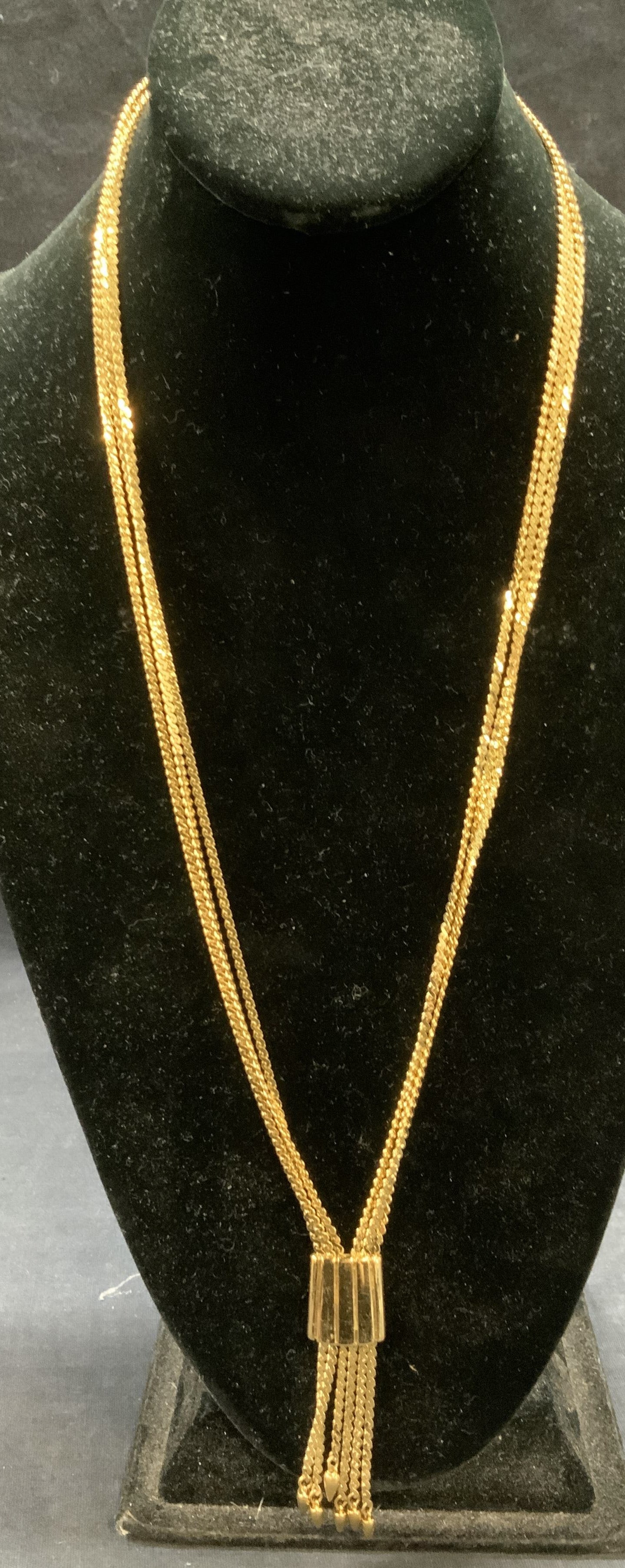 Vintage Monet Gold Tone Pendant Necklace: Vintage Monet gold tone multi chain pendant necklace. Signed on clasp and pendant. Drop length approx. 15 inches. Some surface wear including scratching observed. Estate jewelry, costume jewelry, cock