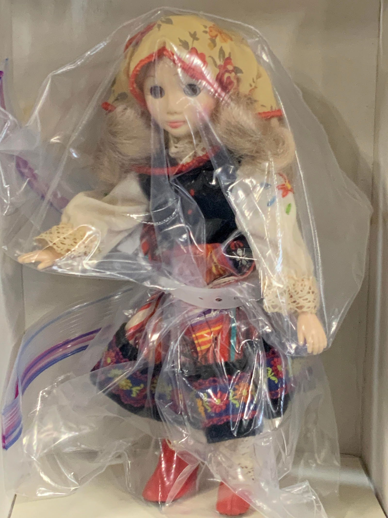 Suzanne Gibson Toy Doll, Poland, Org. Box: Vintage doll marked on box, Suzanne Gibson, dolls from reeves international. Marked 5004 Poland on box. Doll has blond hair with head cover, and embroidered linen clothing inspired by traditional poli