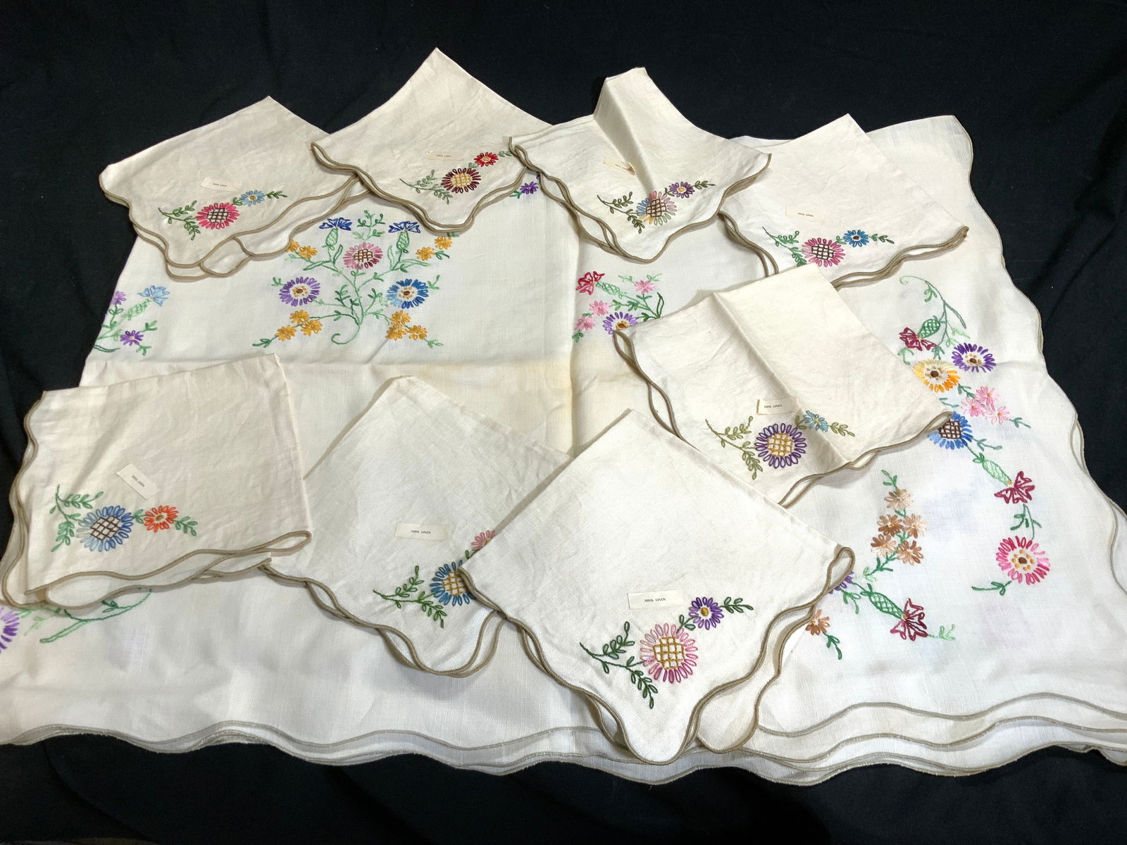 Set 9 Hand Embroidered Linen Table Cloth Set (1 of 10)
