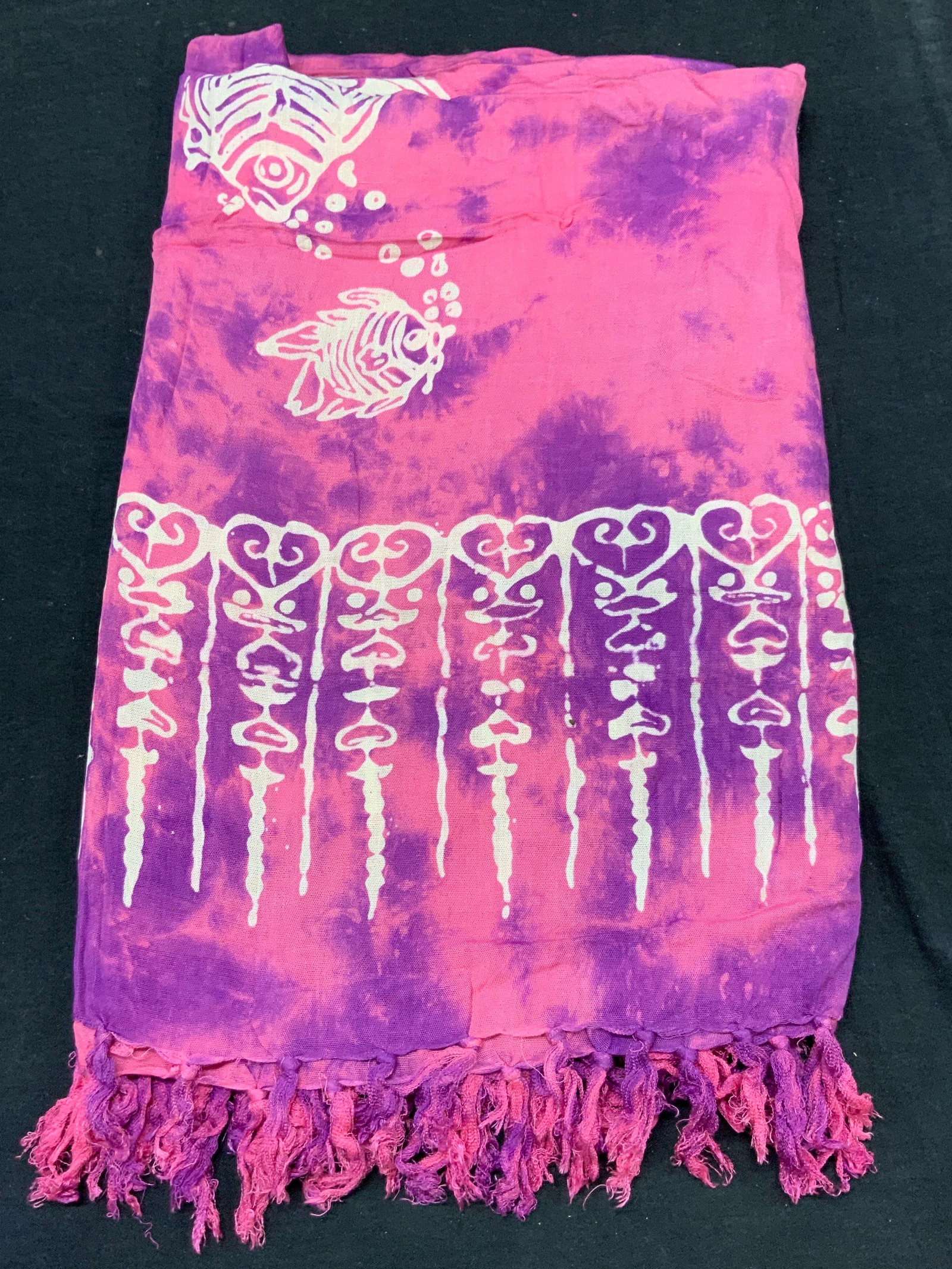 Cotton Blend Tie Dye Shawl/ Cover Up: Pink and purple tie dyed cotton blended shawl/ cover up with white patterns and images of fish. Approx 56 x 40 inches long and wide. Minor wearing to threading due to age and use and blemishes Summer 