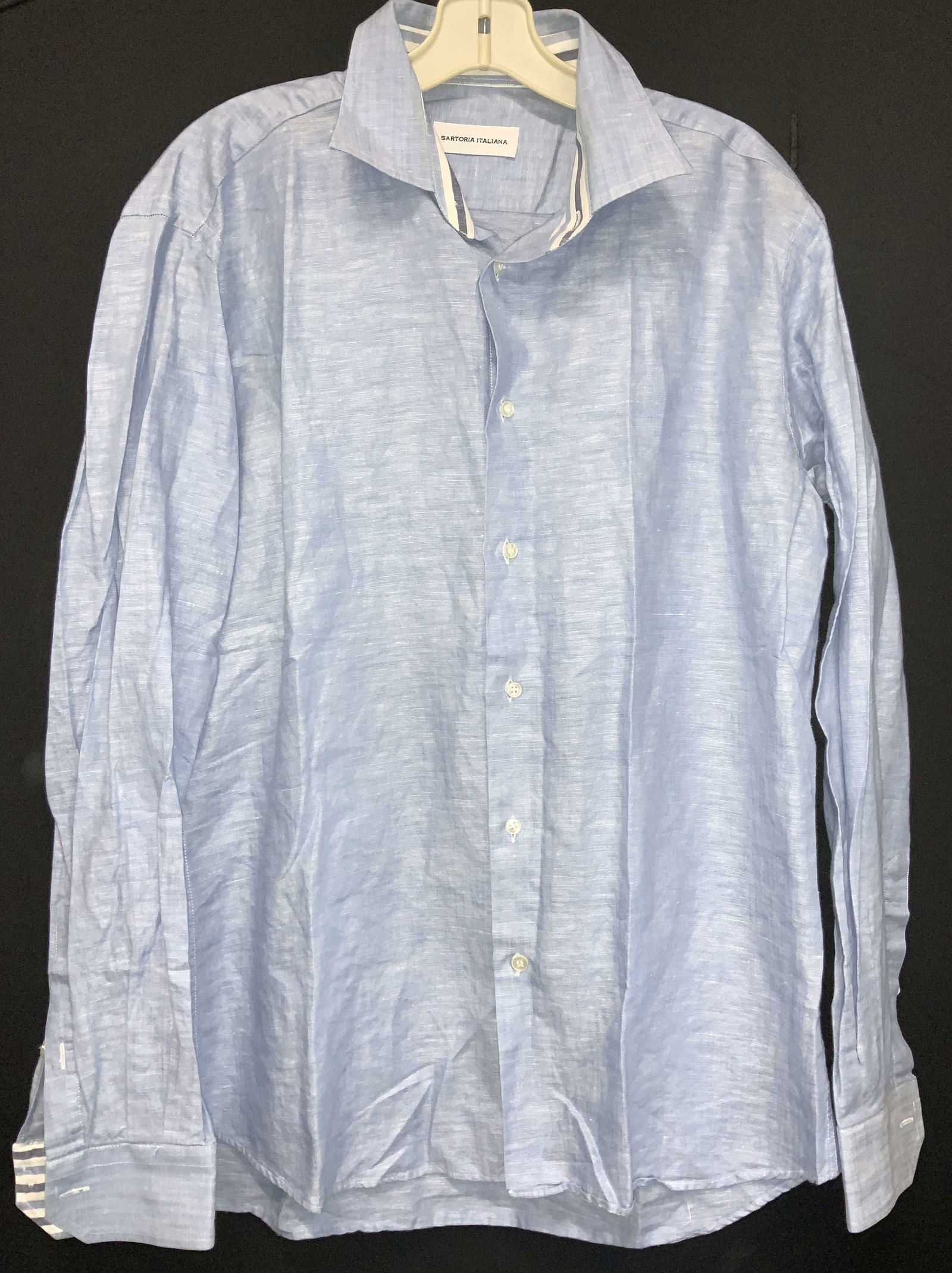 Sartoria ITALIANA Chambray Linen Button Down: Unisex button down shirt, chambray blue, linen shirt long sleeve, Size 42 in waist, signed label Sartoria ITALIANA. Classy Italian made garment. Minor discoloration throughout. Property of Adam Sandbe