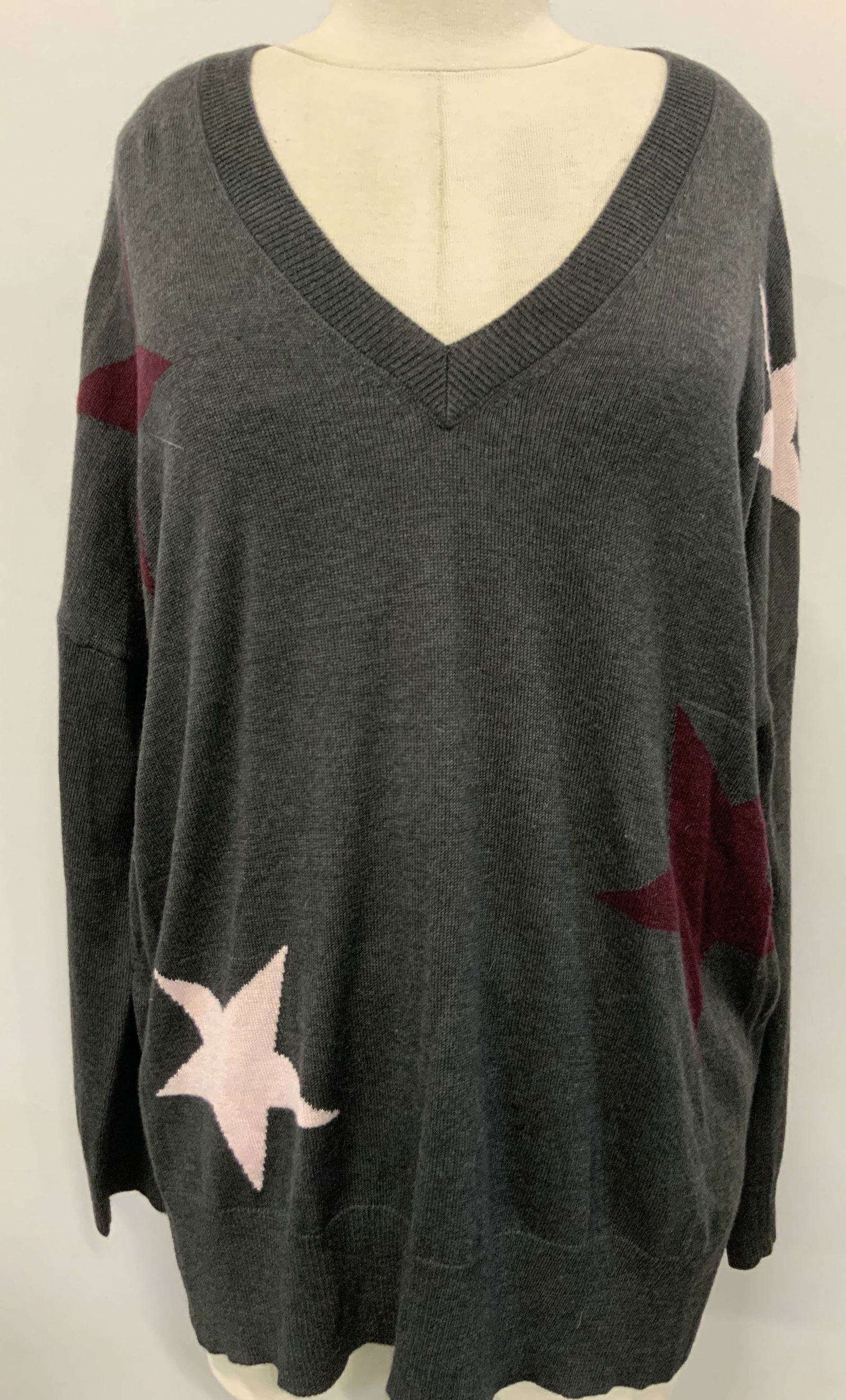 KUT Material Blend Star Print Long Sleeve Shirt: Marked, Kut from the Kloth. Gray toned long sleeve v neck sweater with printed star designs. Size medium. Sleeves measure 15 inches long, chest measures 23 inches across, Minor wearing to threading wi