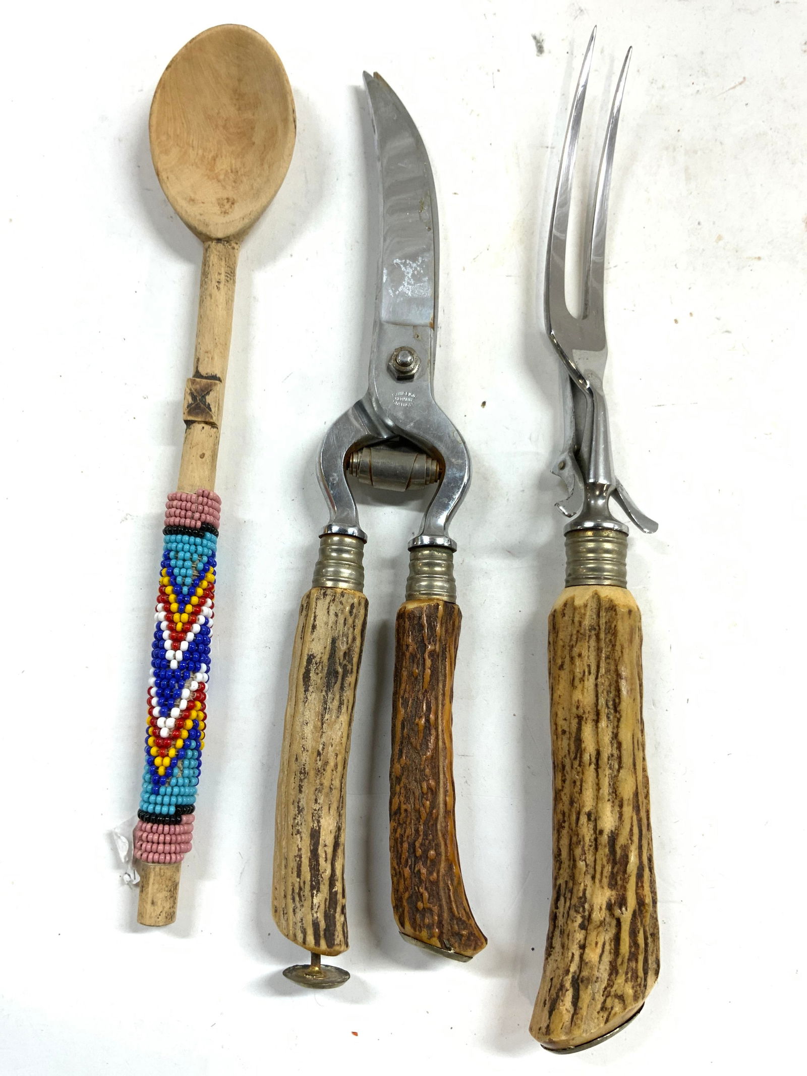 Lot 3 Stag Handle Shears, Carving Fork & Spoon (1 of 7)