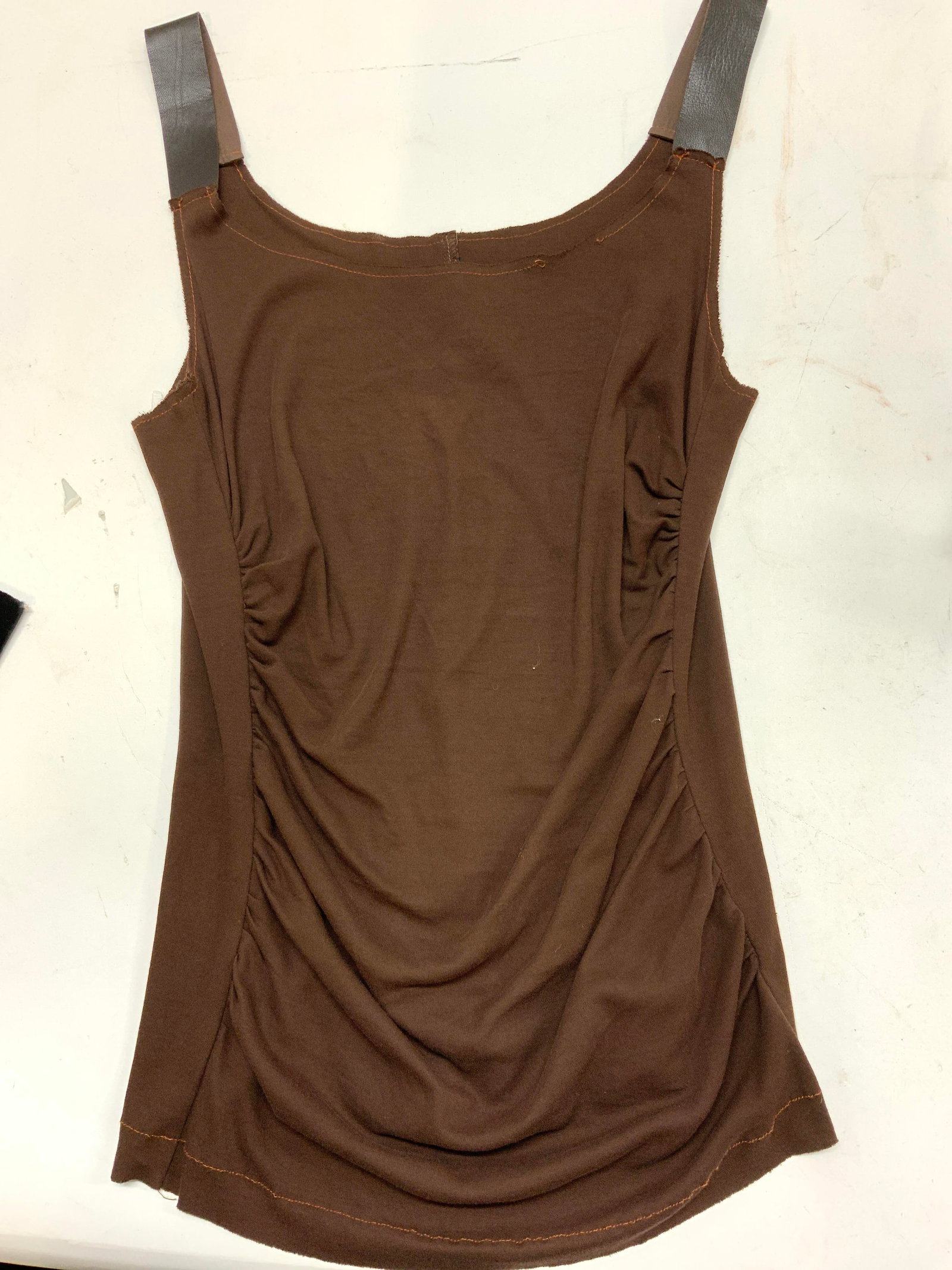 Fozae Nichols Cotton Sleeveless Top, USA: Chocolate brown cotton top with pleated sides. Faux leather straps. Size Medium. Made in USA. Designer label affixed. Summer top, casual wear, Fozae Nichols top, tank top, sleeveless top, ladies weara